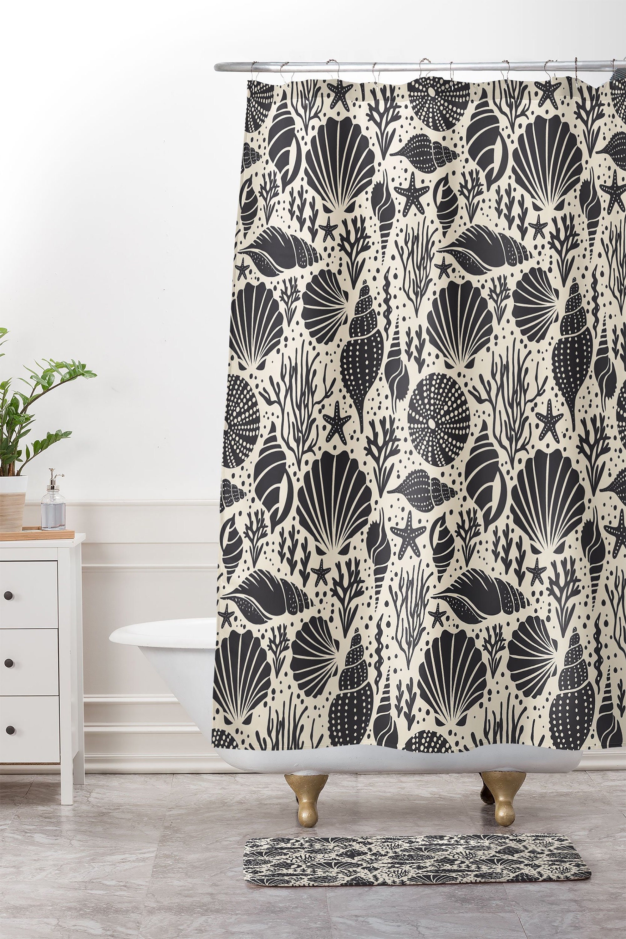 Black Coastal Shower Curtain with Shell Design for a Minimalist Beach House Bathroom