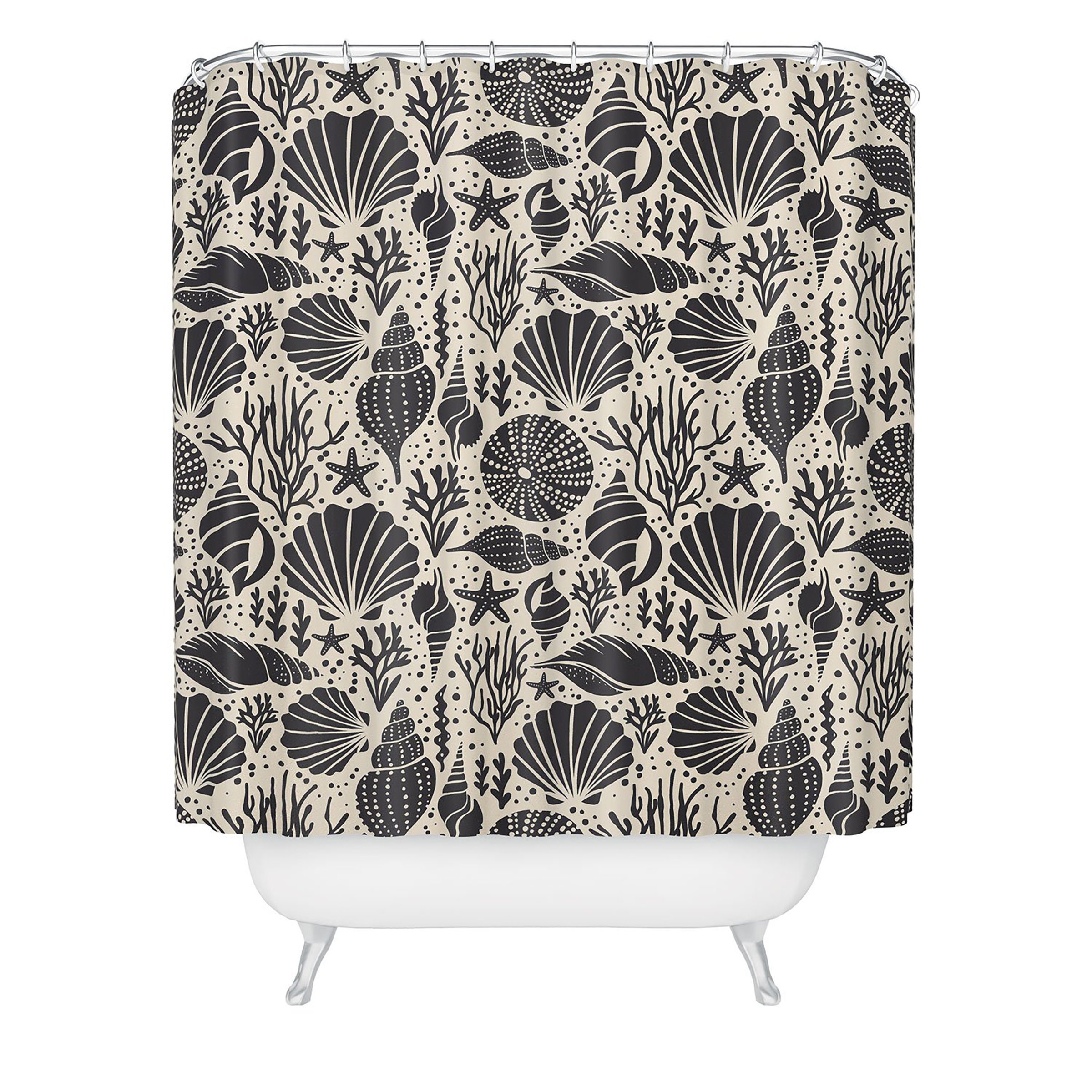 Black Coastal Shower Curtain with Shell Design for a Minimalist Beach House Bathroom - Image 2