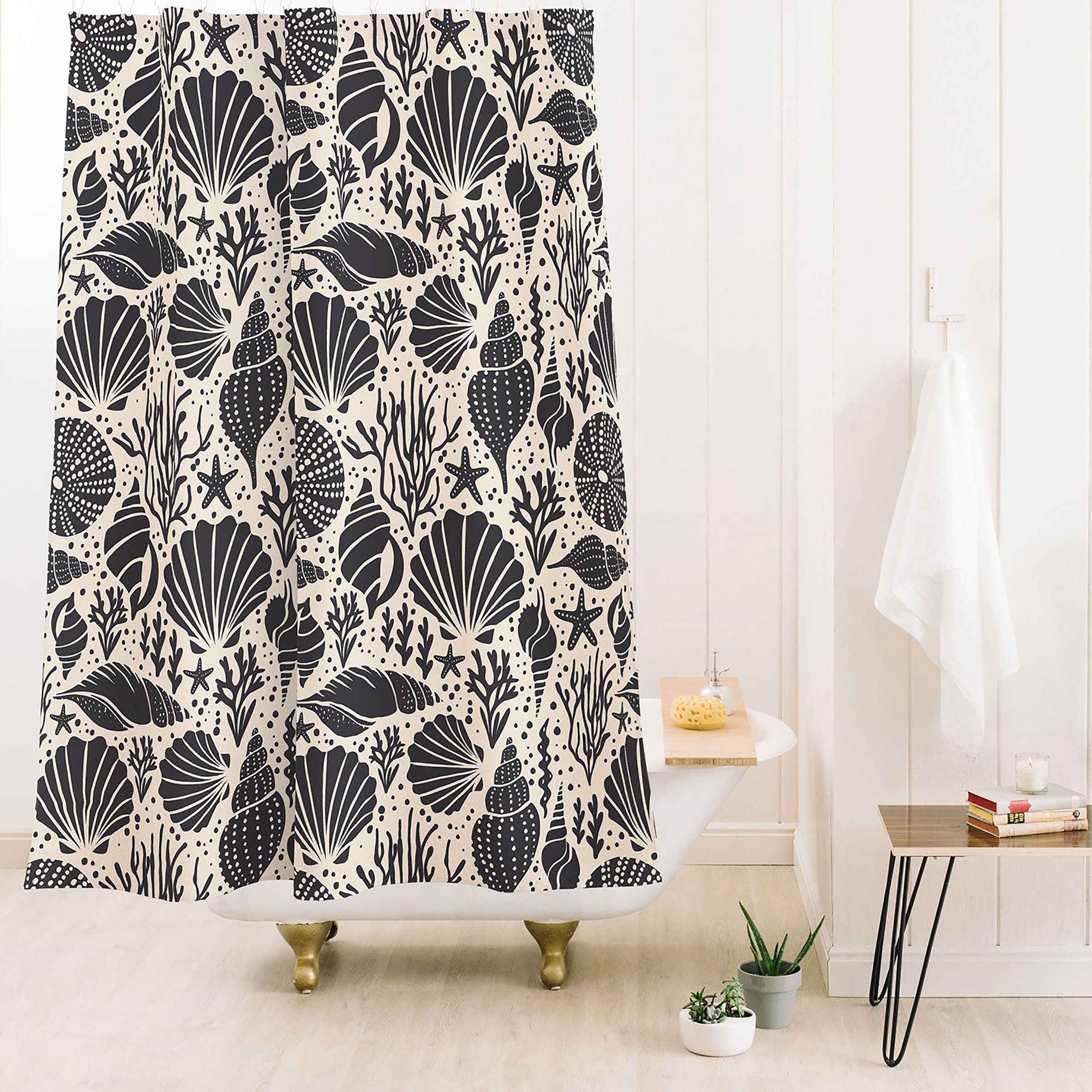 Black Coastal Shower Curtain with Shell Design for a Minimalist Beach House Bathroom - Image 3