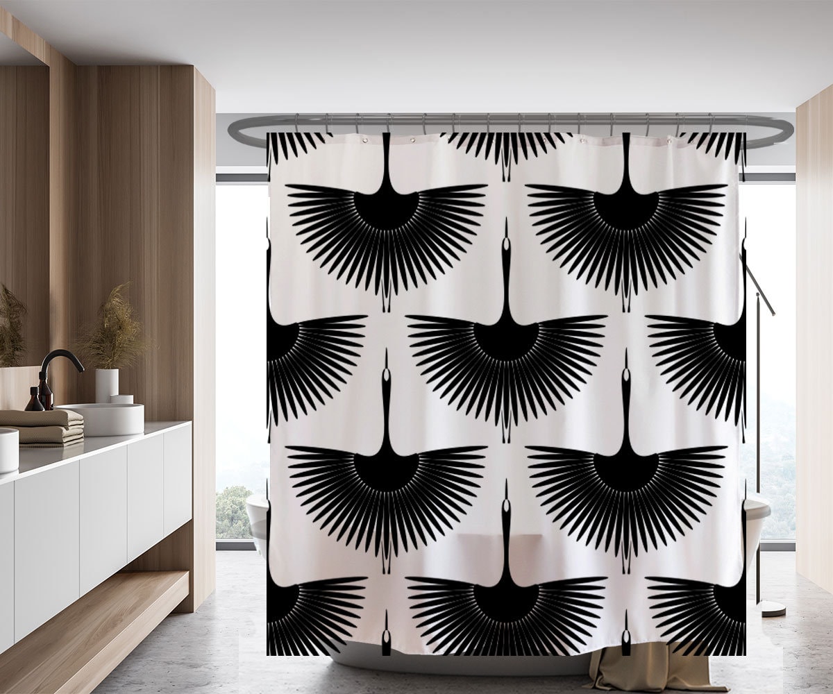Black Crane Shower Curtain - Heavy Duty Polyester Fabric - Waterproof and Durable for Modern Home Bathroom Decor - Image 2