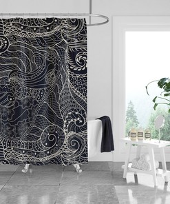 Black Doodle Abstract Shower Curtain with Optional Matching Towels and Mat for Fun and Striking Bathroom Decor