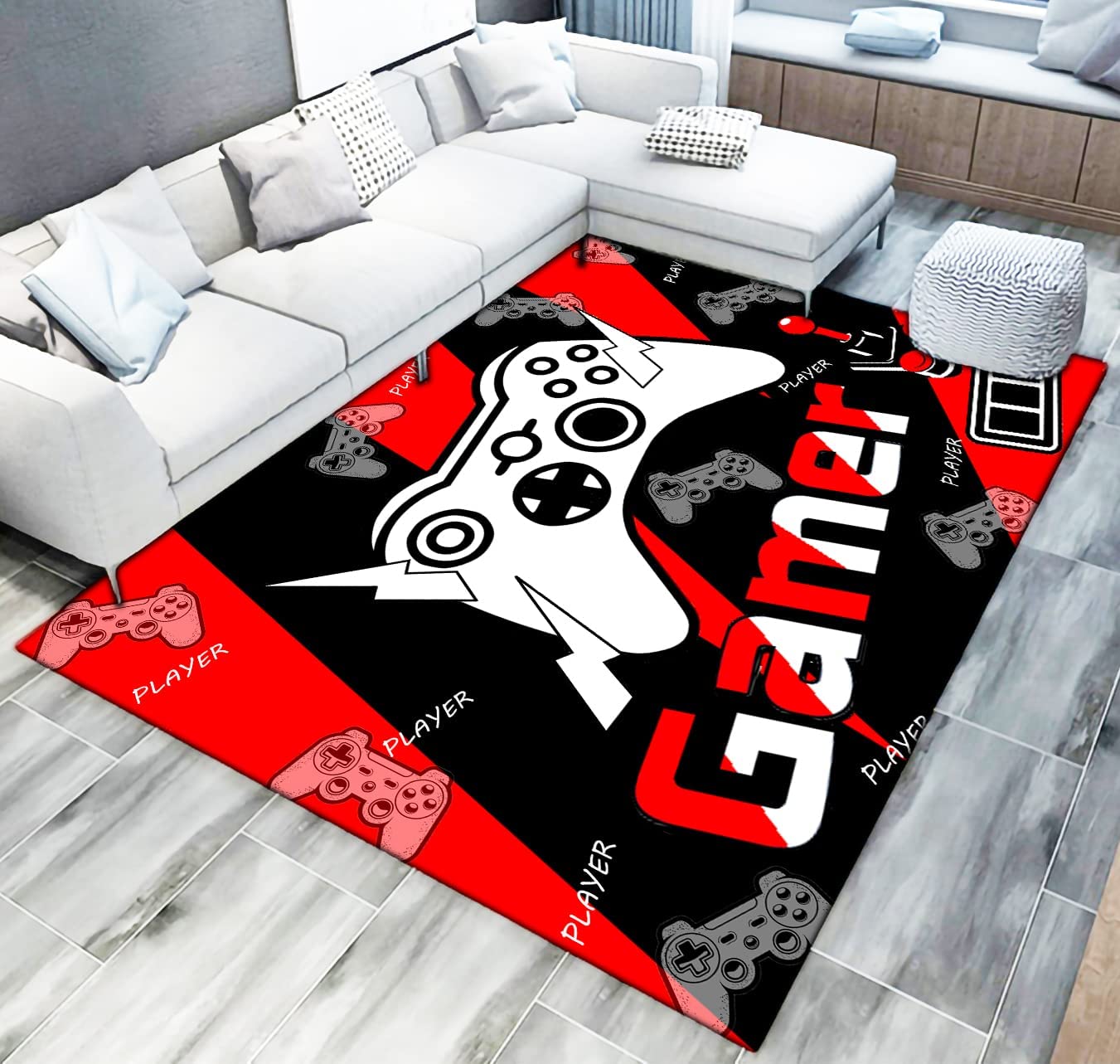 Black Floor Rugs for Boys Bedroom with Gaming Design Gamepad, RUINNSUQ Gamer Area Rug for Living Room - Image 2