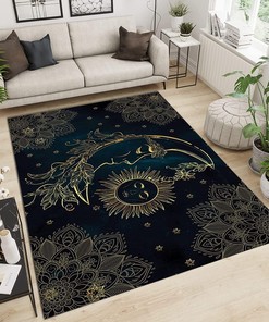 Black Gold Star Moon Sun Mandala Kids Rugs - Indoor Non-Slip Area Rugs with Machine Washable Breathable Durable Carpet