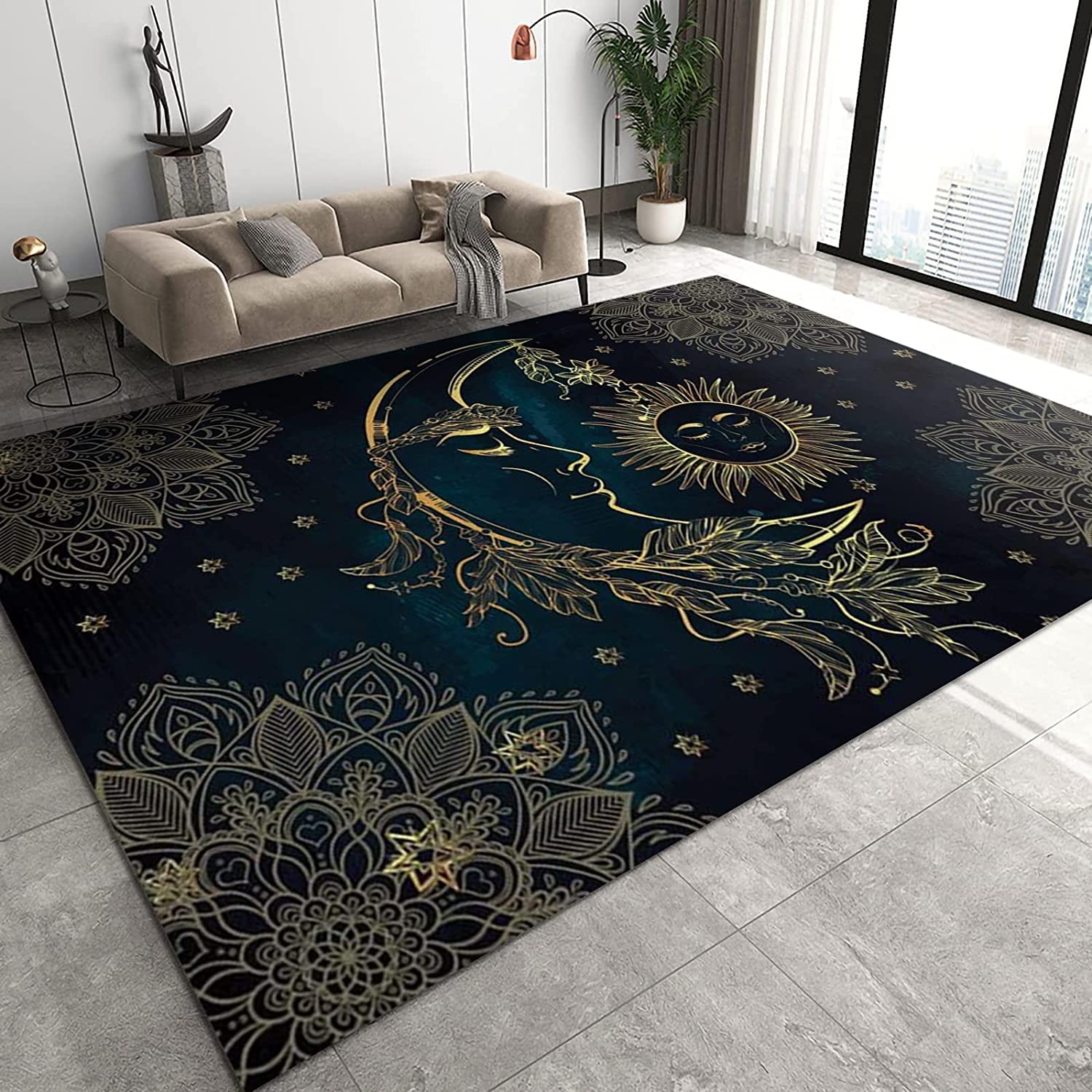 Black Gold Star Moon Sun Mandala Kids Rugs - Indoor Non-Slip Area Rugs with Machine Washable Breathable Durable Carpet - Image 2
