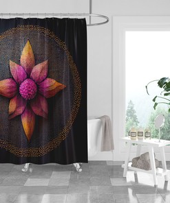 Black Mandala Flower Vintage Shower Curtain, Optional Towels and Mat