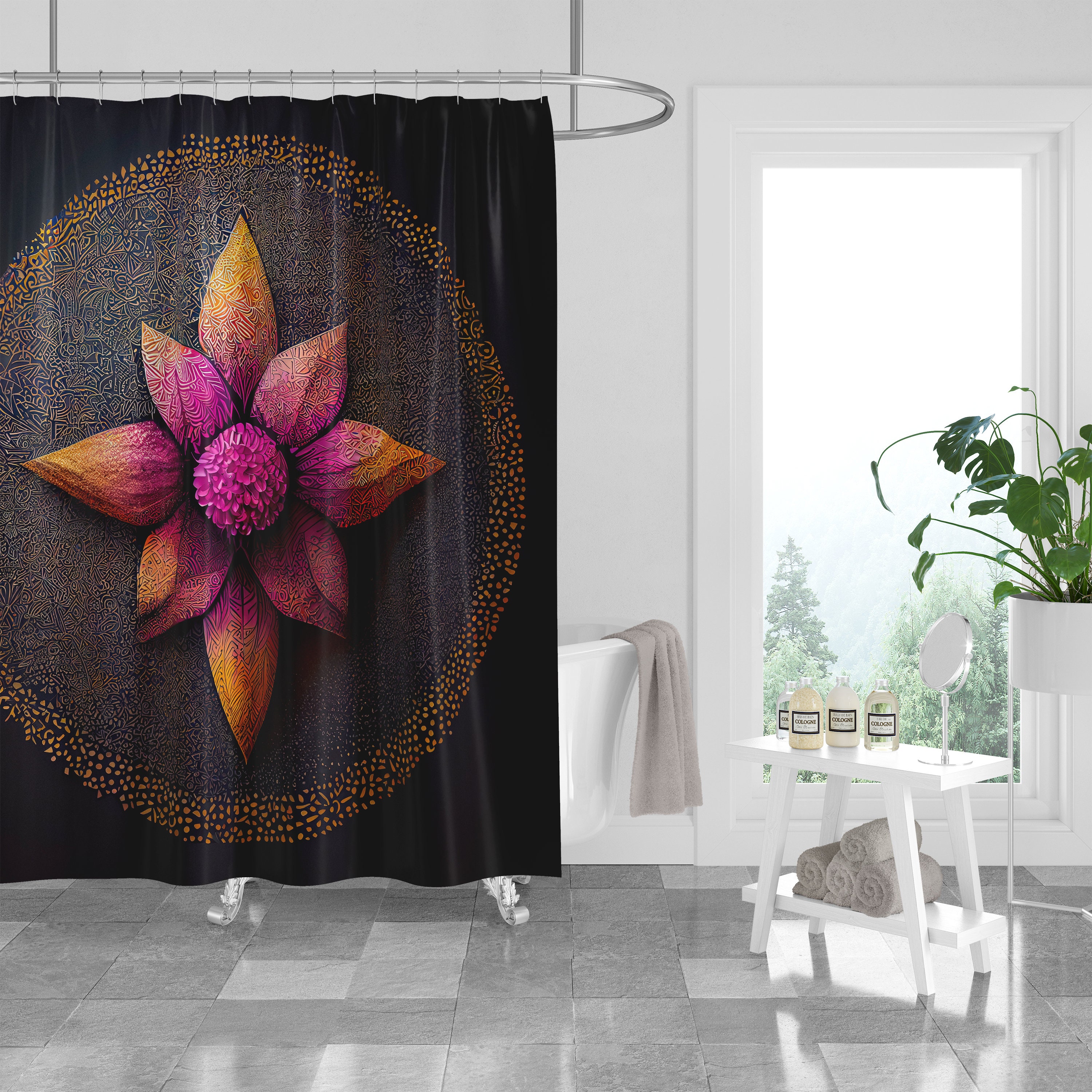 Black Mandala Flower Vintage Shower Curtain, Optional Towels and Mat