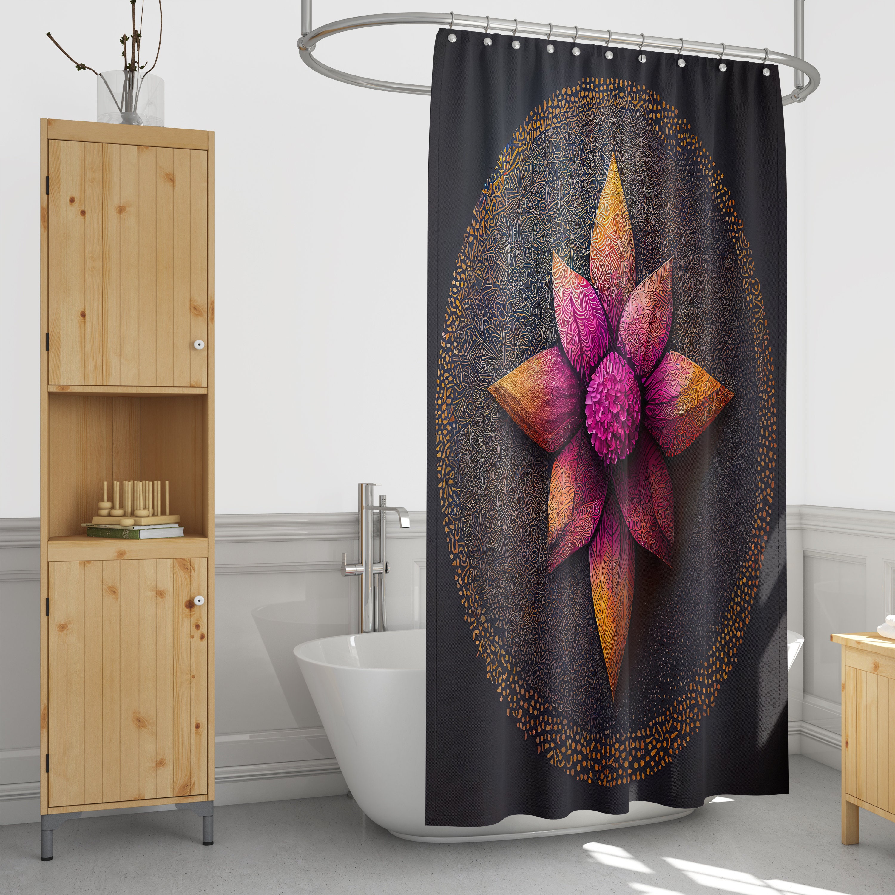 Black Mandala Flower Vintage Shower Curtain, Optional Towels and Mat - Image 2