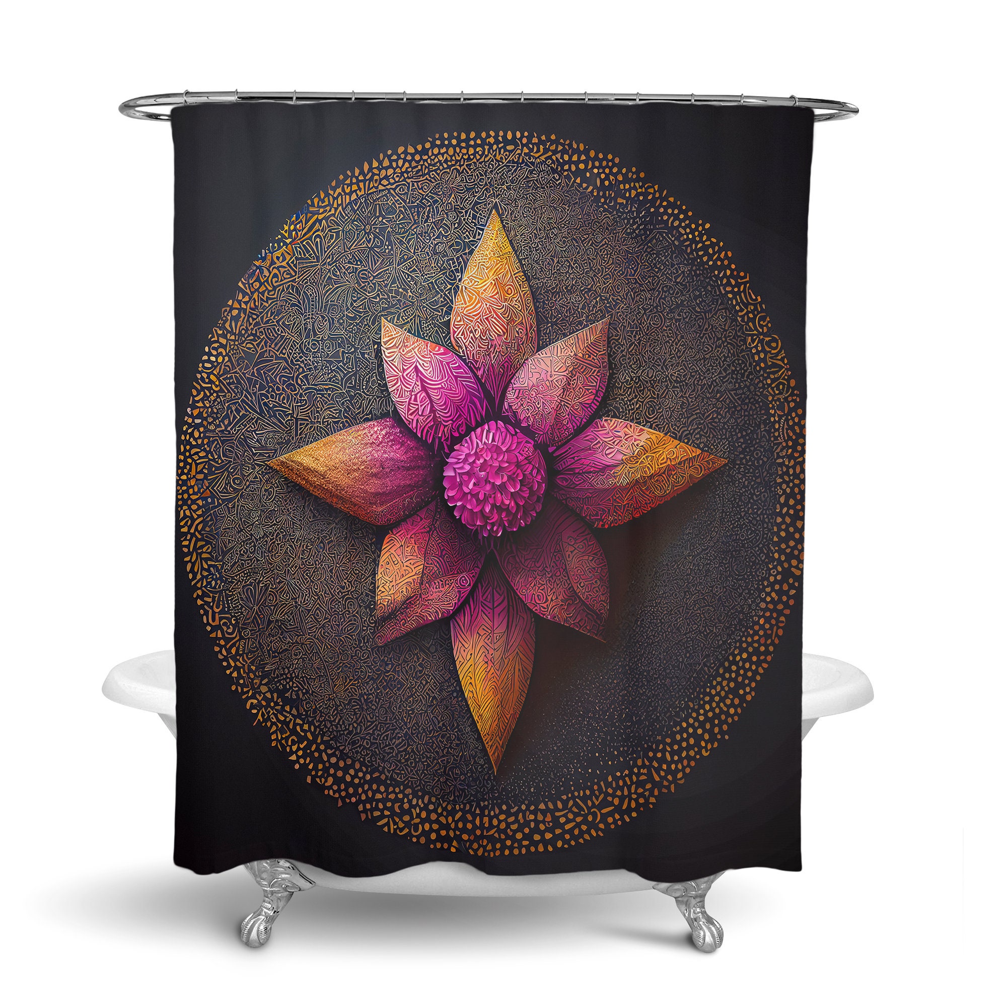 Black Mandala Flower Vintage Shower Curtain, Optional Towels and Mat - Image 3