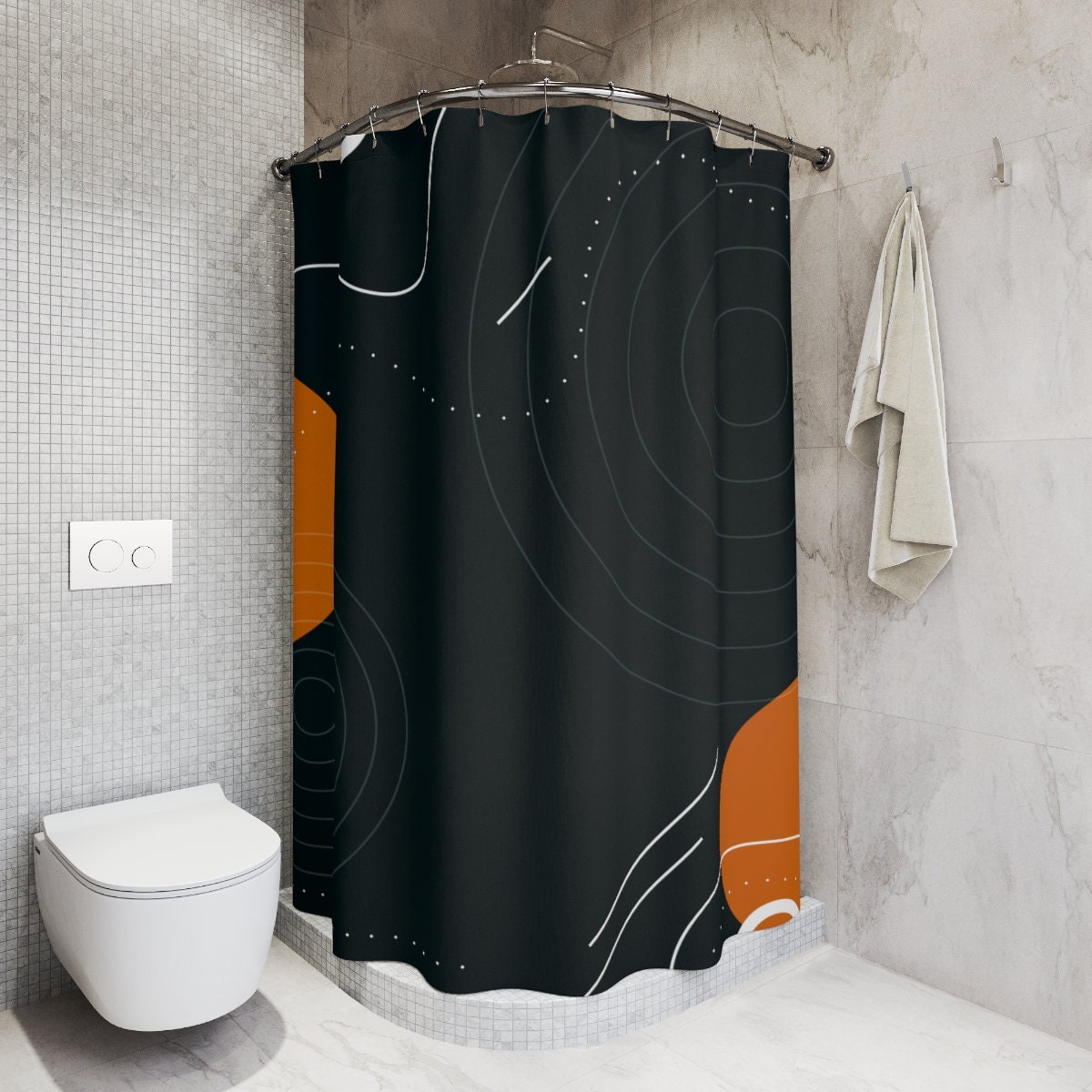 Black & Orange Retro Shapes Shower Curtain or Mat | Minimalistic Contemporary Art | Apartment Bathroom Curtain - Image 2