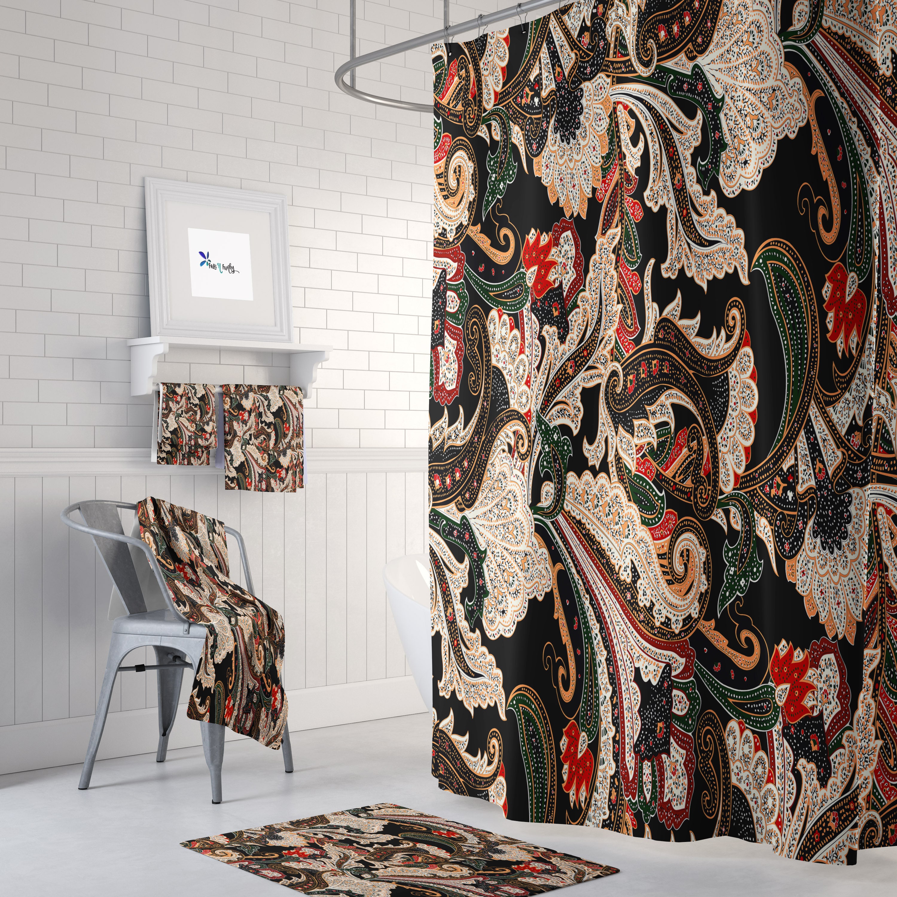 Black Paisley Elegant Shower Curtain with Optional Bath Mat and Towels for a Chic Bathroom Decor