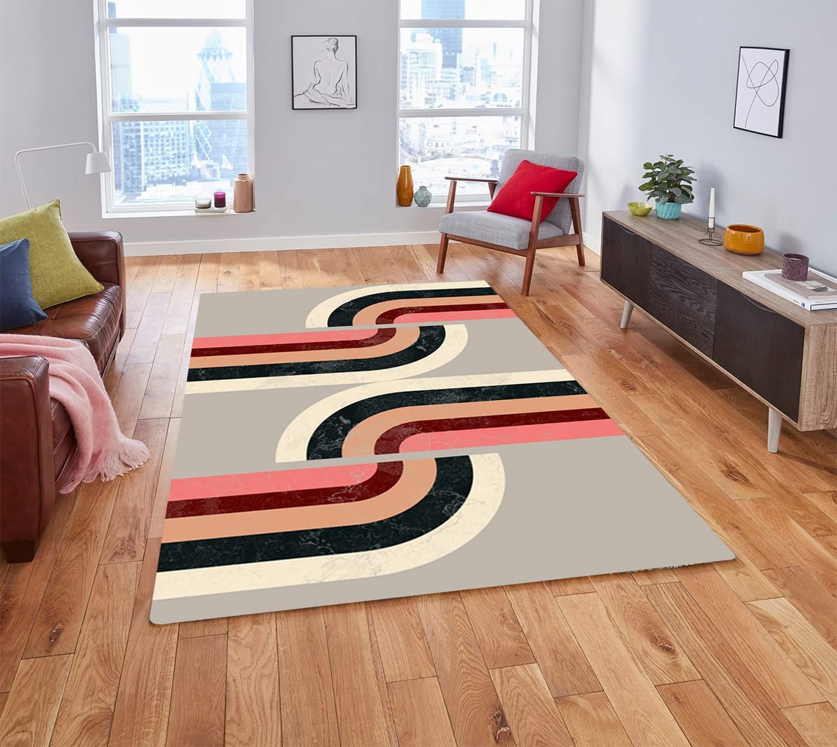 Black Pink Grey Minimalist Lines Modern Area Rug - Wool Soft Plush Throw Carpet with Non-Slip Bathroom Rugs Washable - Image 2
