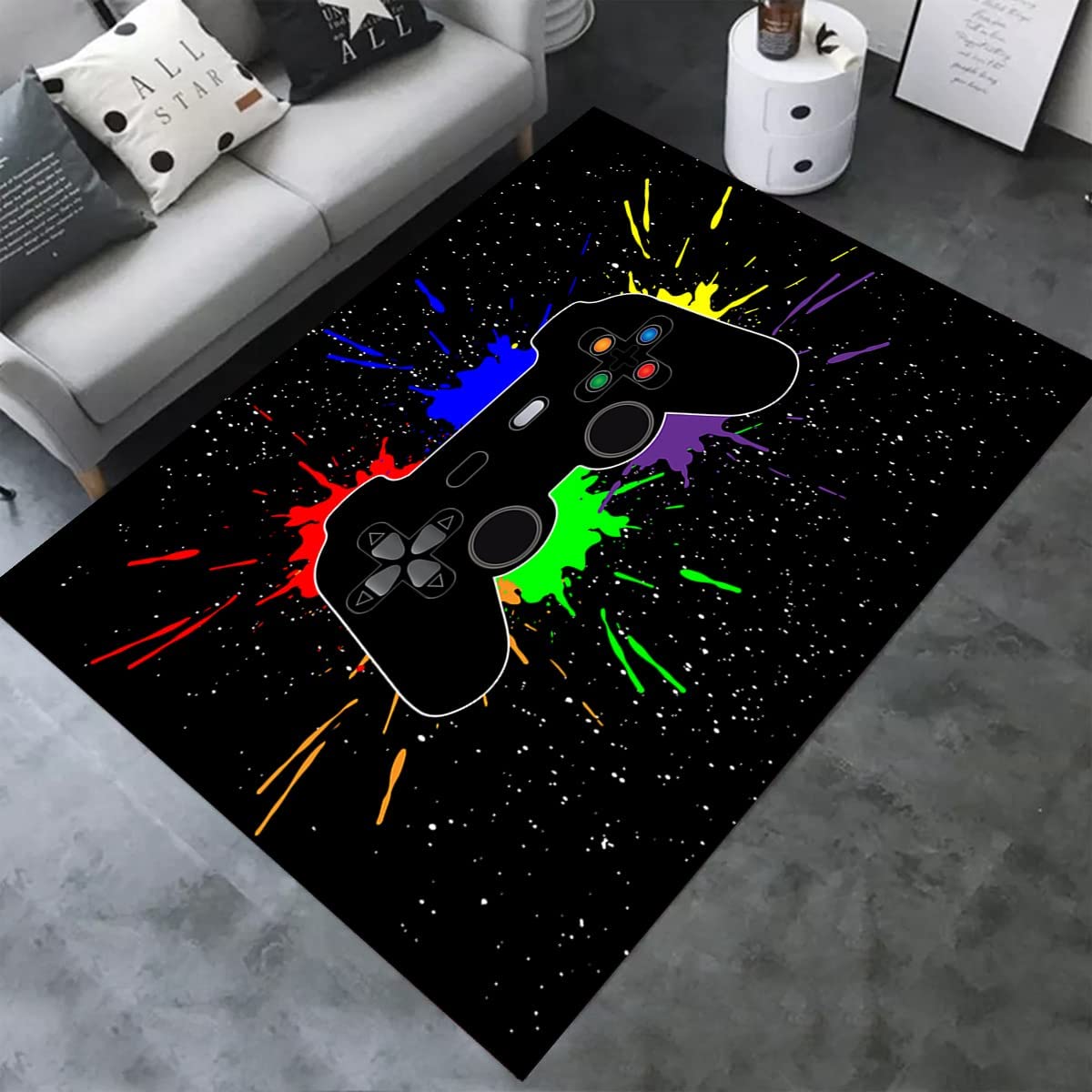 Black Watercolor Gaming Rug for Teen Boys - Non-Slip Floor Mat with T-Shirt, Hoodie, Sweatshirt Game room rug ideas