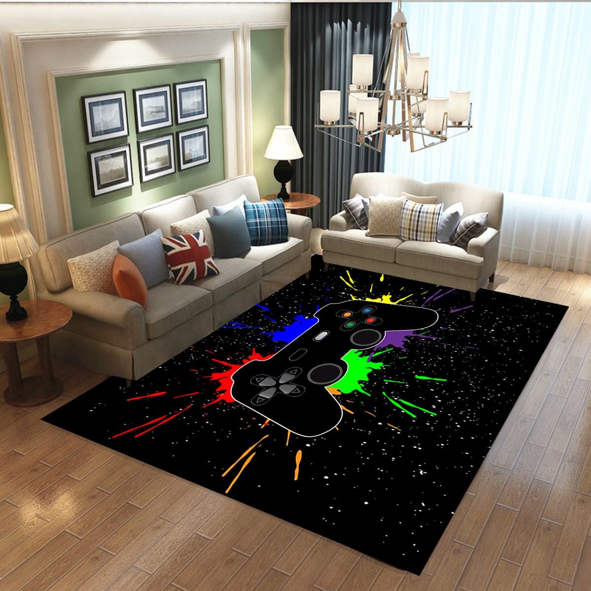 Black Watercolor Gaming Rug for Teen Boys - Non-Slip Floor Mat with T-Shirt, Hoodie, Sweatshirt Game room rug ideas - Image 2