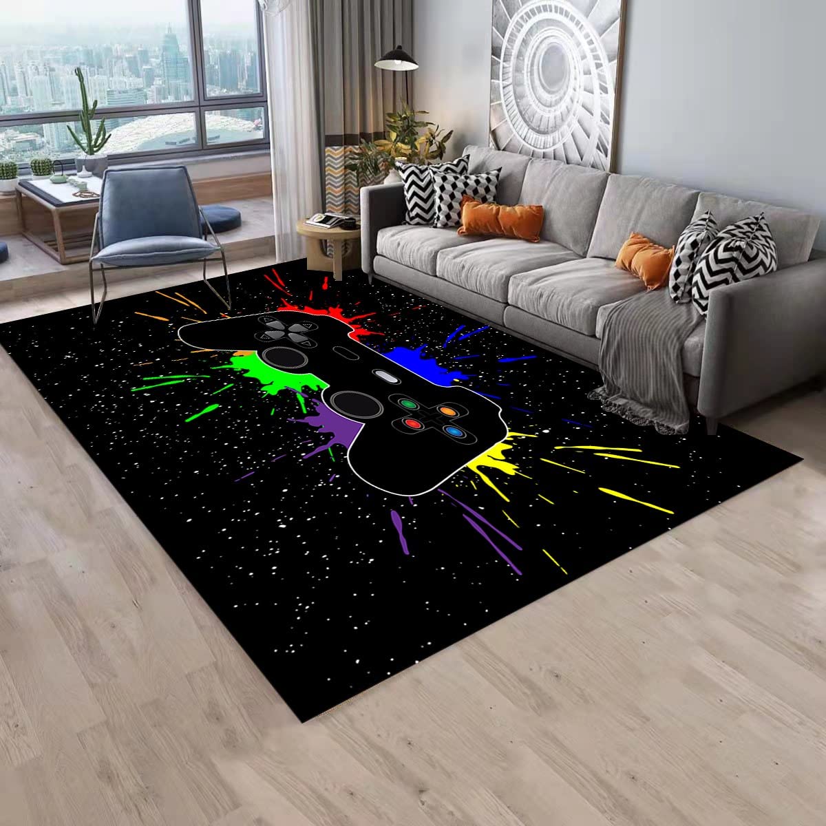 Black Watercolor Gaming Rug for Teen Boys - Non-Slip Floor Mat with T-Shirt, Hoodie, Sweatshirt Game room rug ideas - Image 3