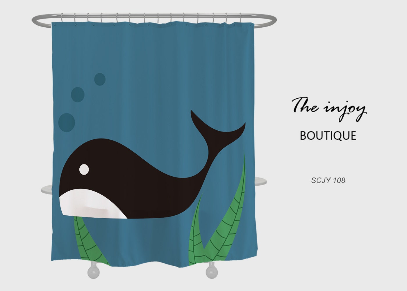 Black Whale Shower Curtain - Lovely Animals Waterproof and Washable for Bathtub - Custom Sizes