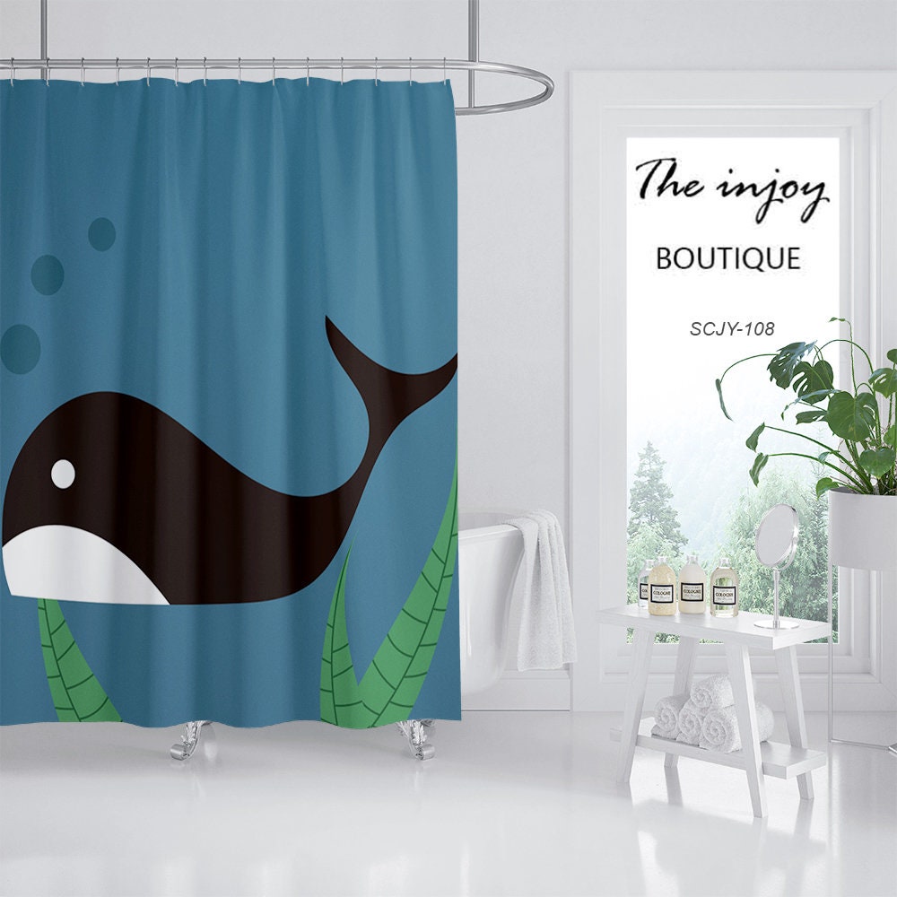 Black Whale Shower Curtain - Lovely Animals Waterproof and Washable for Bathtub - Custom Sizes - Image 2