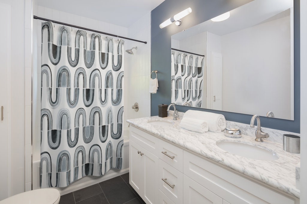 Black White Gray Line Art Shower Curtain | Modern Contemporary Bathroom Decor | Luxury Shower Curtains - Image 2