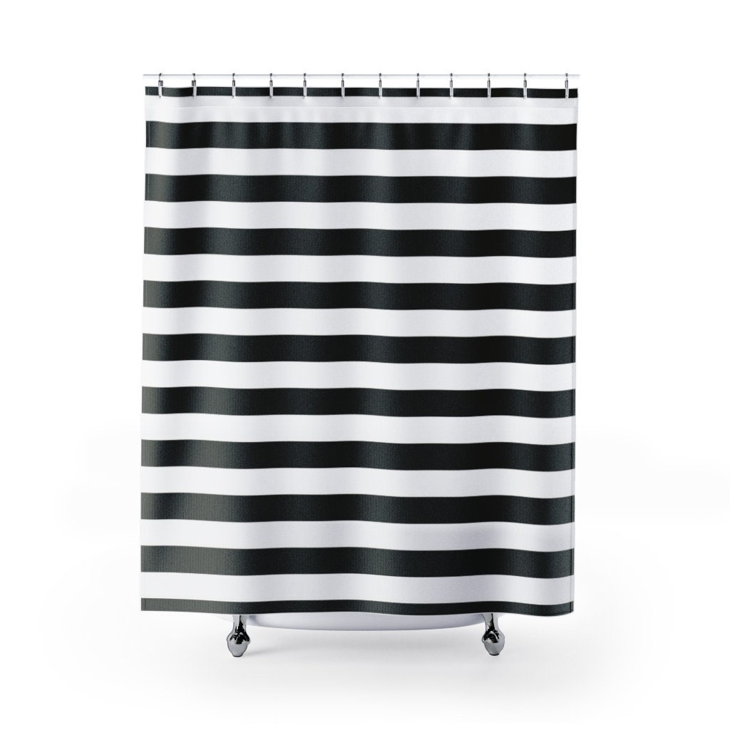 Black White Horizontal Masculine Striped Shower Curtain | New Home Housewarming Gift | Bathroom Decor + Quotes