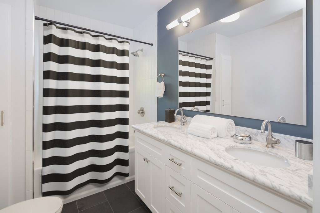 Black White Horizontal Masculine Striped Shower Curtain | New Home Housewarming Gift | Bathroom Decor + Quotes - Image 2