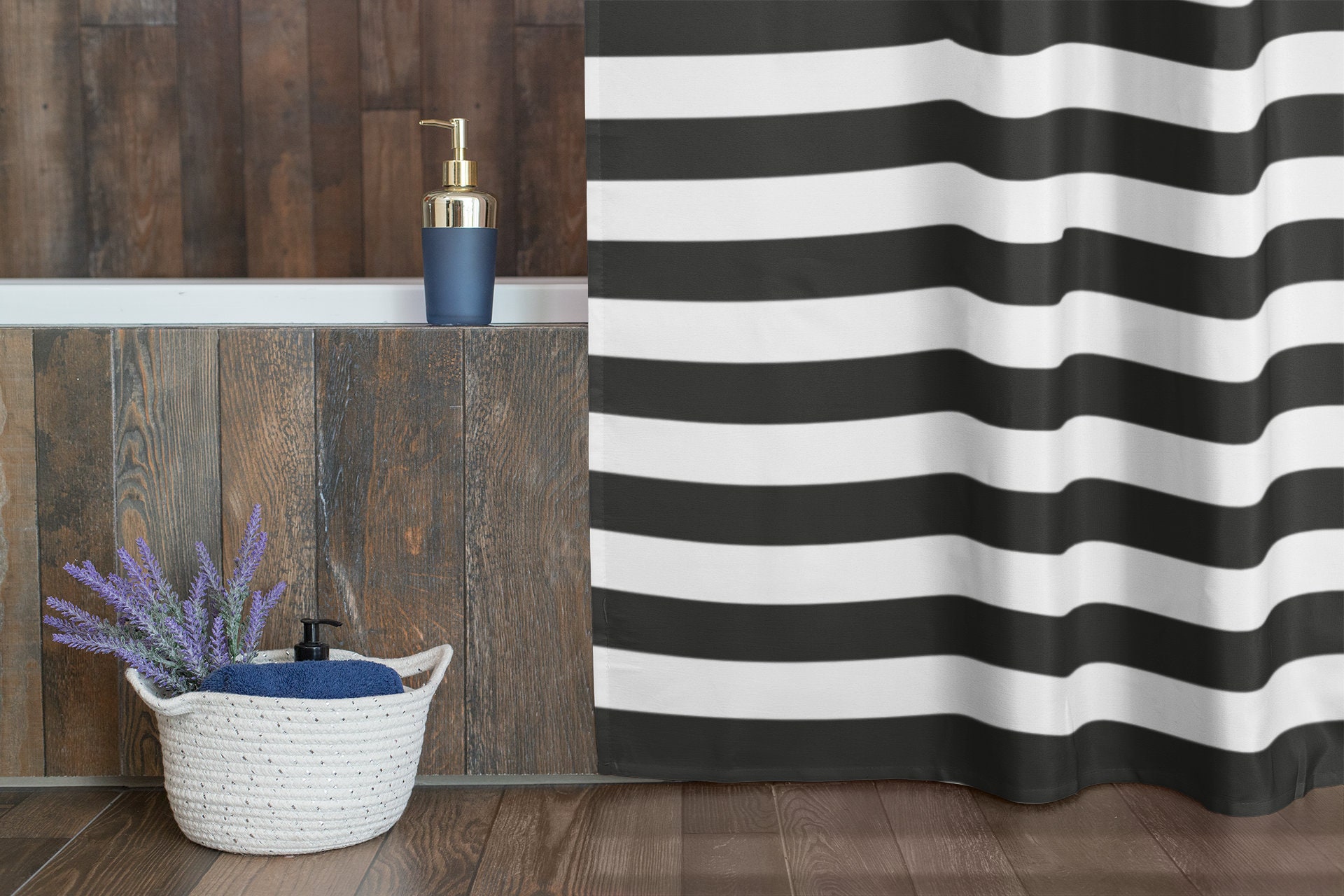 Black White Horizontal Masculine Striped Shower Curtain | New Home Housewarming Gift | Bathroom Decor + Quotes - Image 3