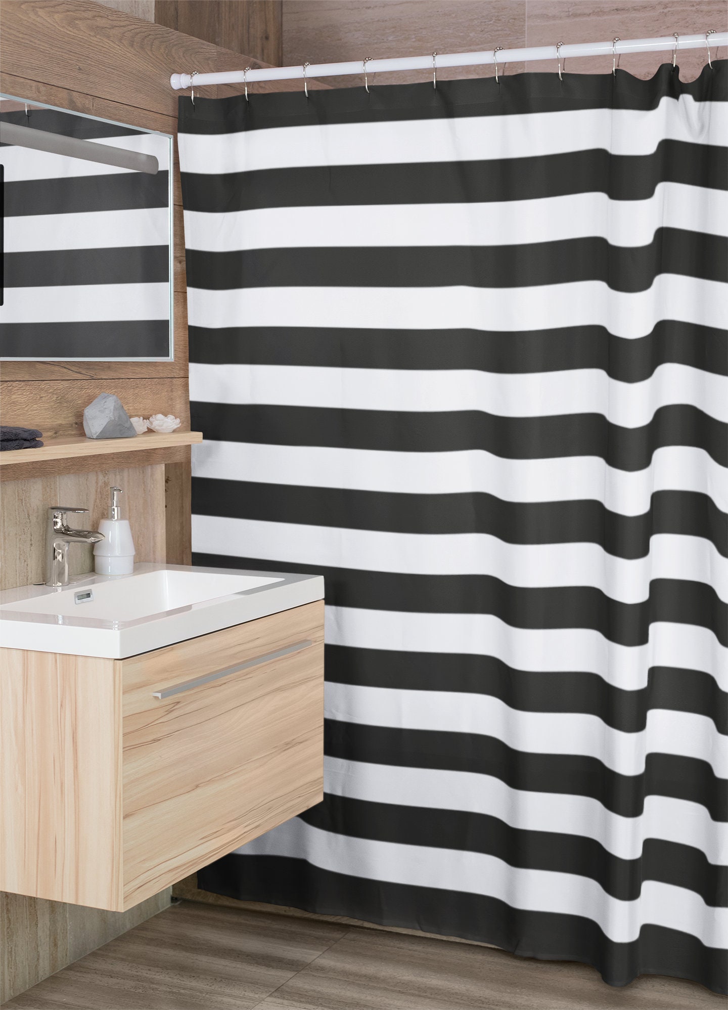 Black White Horizontal Masculine Striped Shower Curtain | New Home Housewarming Gift | Bathroom Decor + Quotes - Image 4