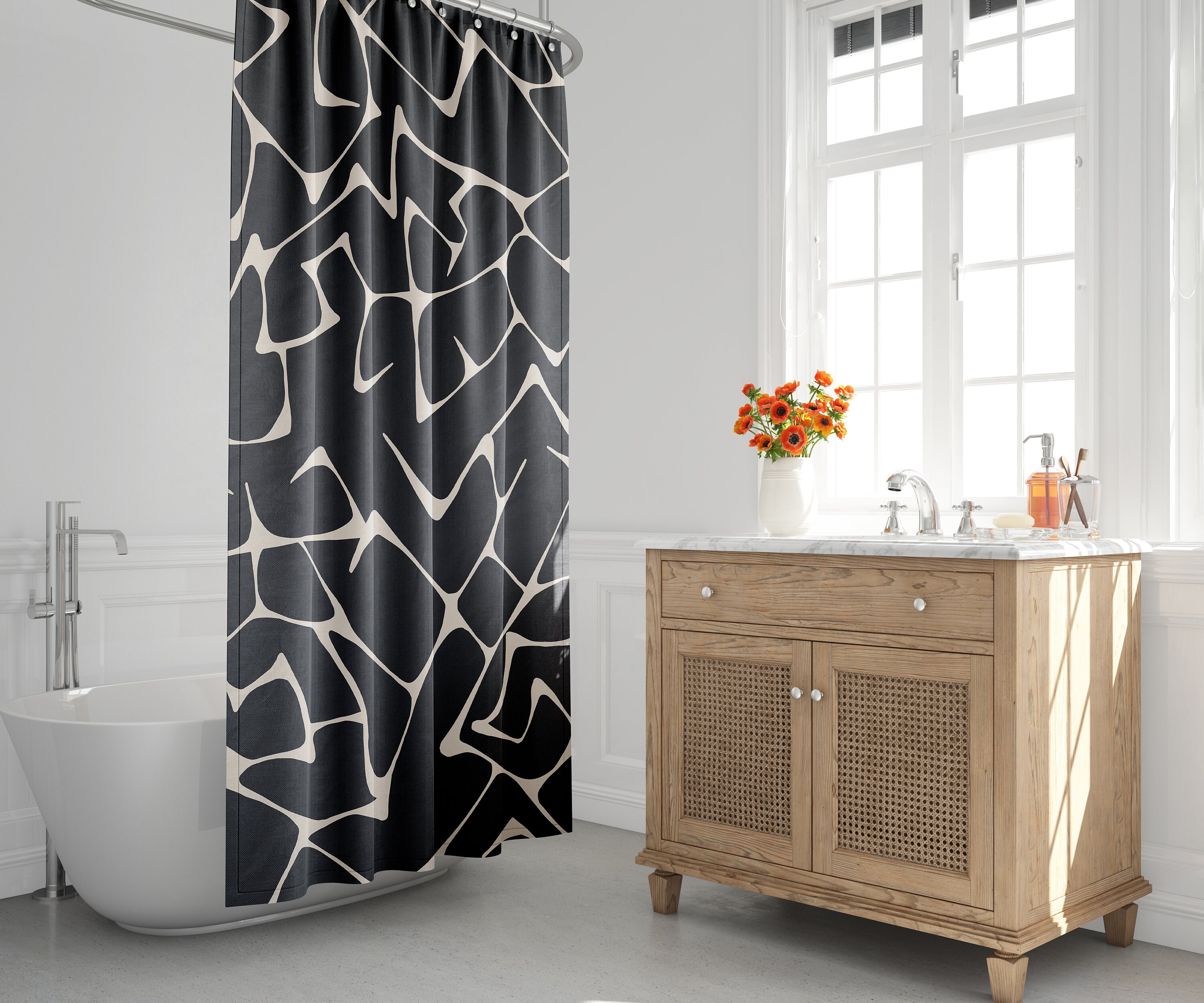 Black & White Mid-Century Modern Boho Shower Curtain with Abstract Design, Perfect for Contemporary Bath Decor