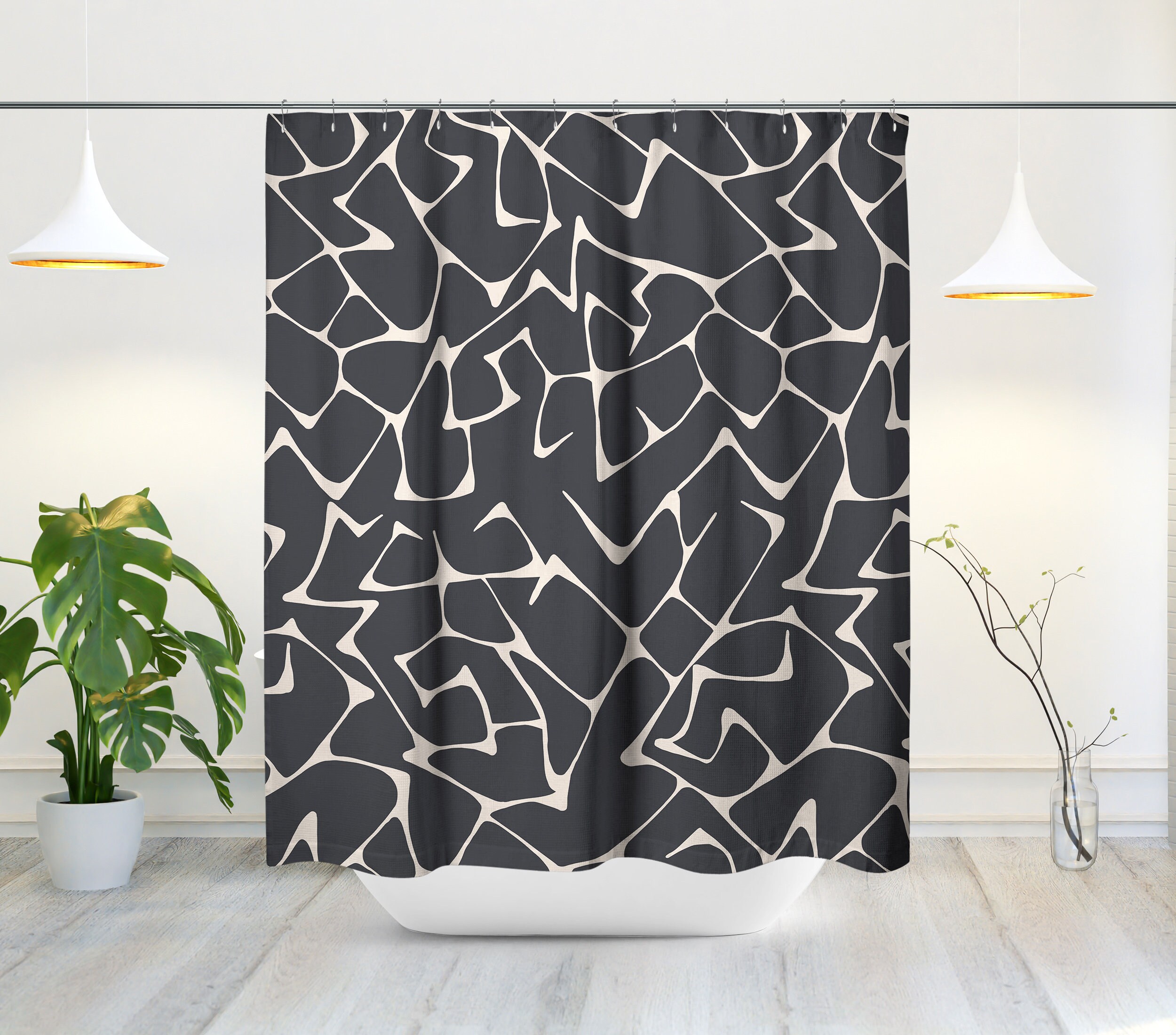 Black & White Mid-Century Modern Boho Shower Curtain with Abstract Design, Perfect for Contemporary Bath Decor - Image 2