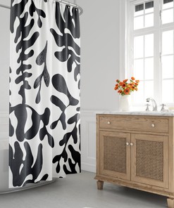 Black & White Mid-Century Modern Boho Shower Curtain with Abstract Leaf Design, Perfect for Contemporary Bath Decor