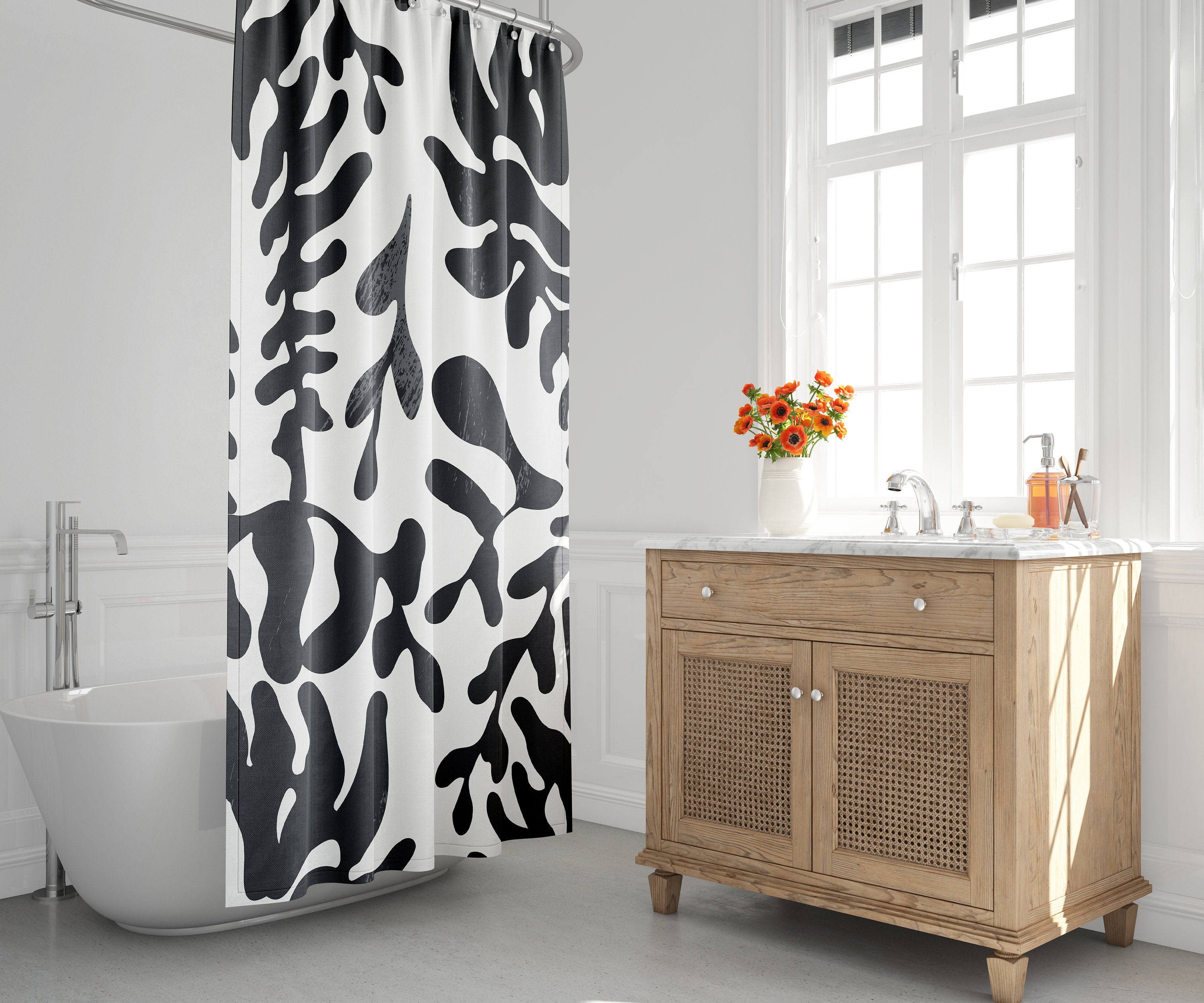 Black & White Mid-Century Modern Boho Shower Curtain with Abstract Leaf Design, Perfect for Contemporary Bath Decor