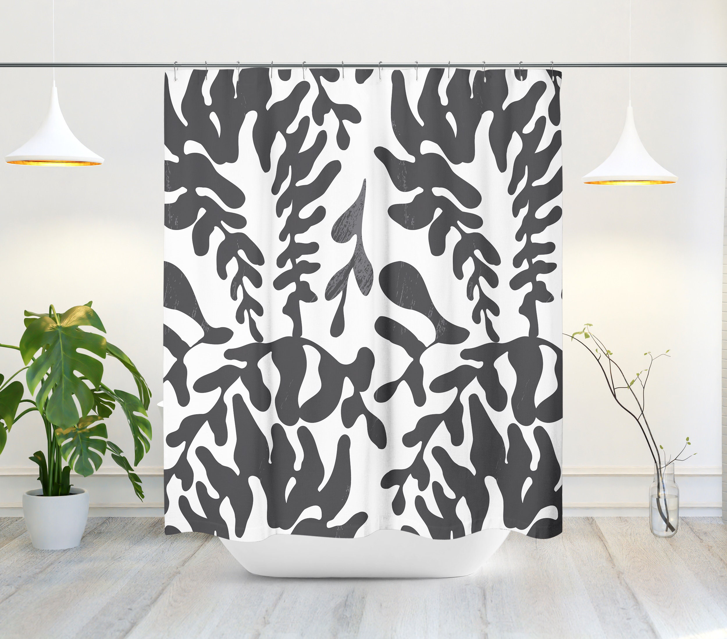 Black & White Mid-Century Modern Boho Shower Curtain with Abstract Leaf Design, Perfect for Contemporary Bath Decor - Image 2