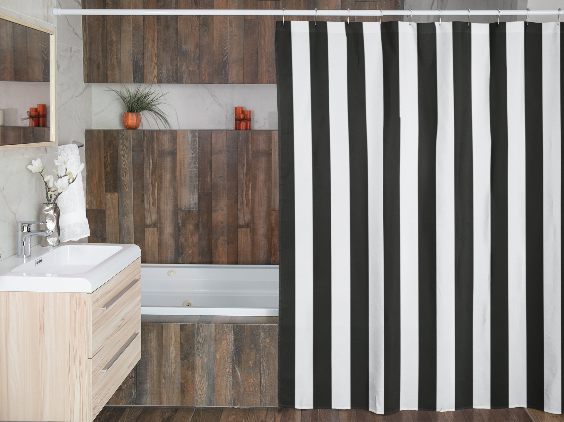 Black White Vertical Masculine Striped Shower Curtain | New Home Housewarming Gift | Bathroom Decor + Quotes