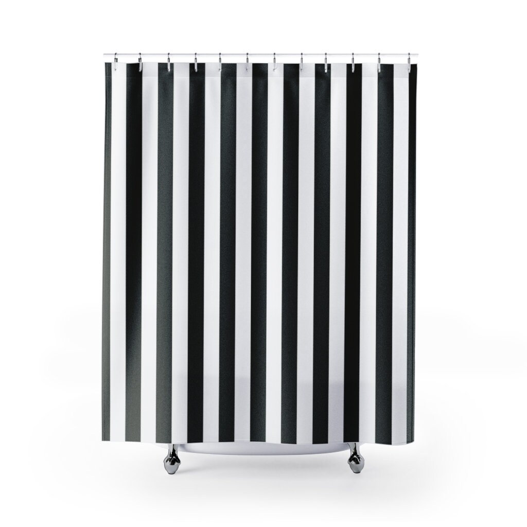 Black White Vertical Masculine Striped Shower Curtain | New Home Housewarming Gift | Bathroom Decor + Quotes - Image 2