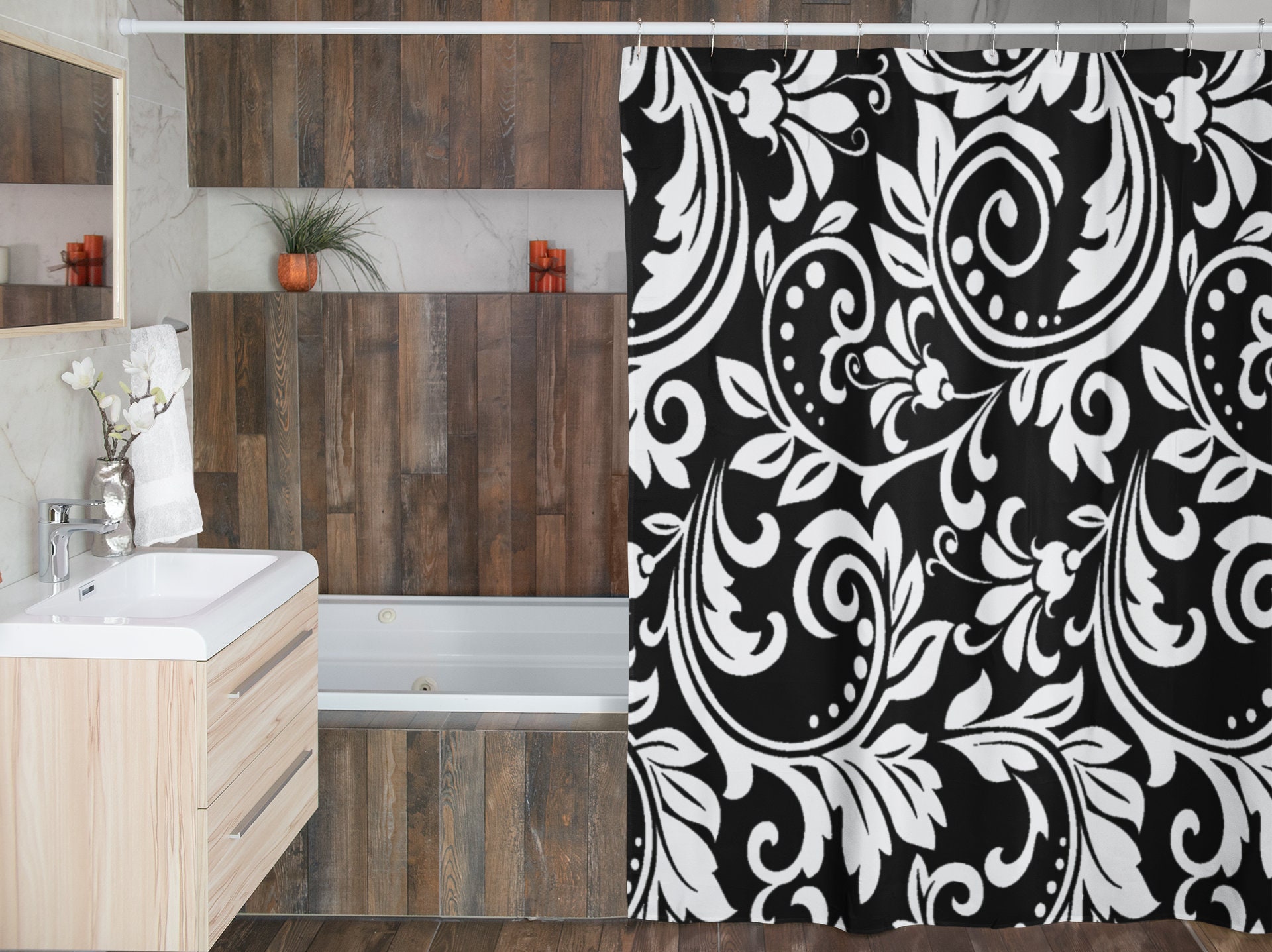 Black White Vintage Damask Shower Curtain | New Home Housewarming Gift | Bathroom Decor + Quotes