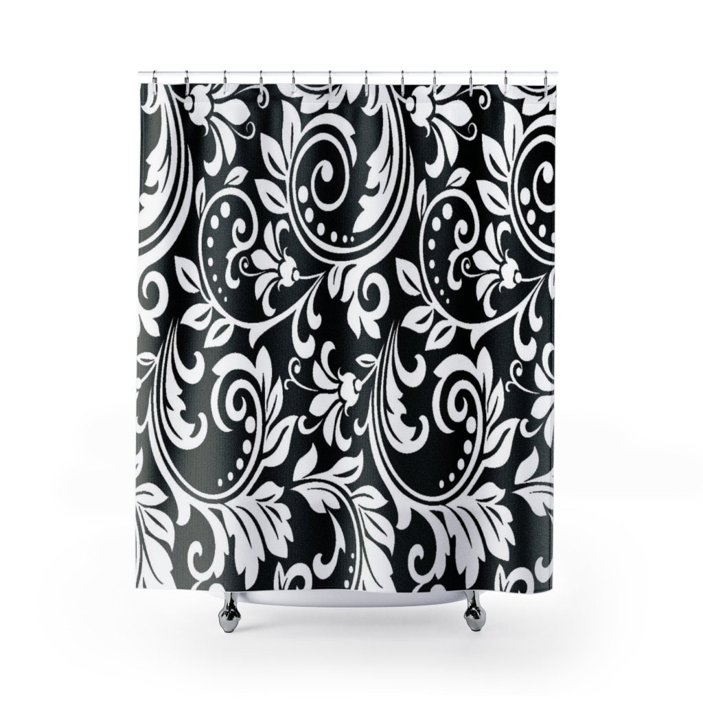 Black White Vintage Damask Shower Curtain | New Home Housewarming Gift | Bathroom Decor + Quotes - Image 2