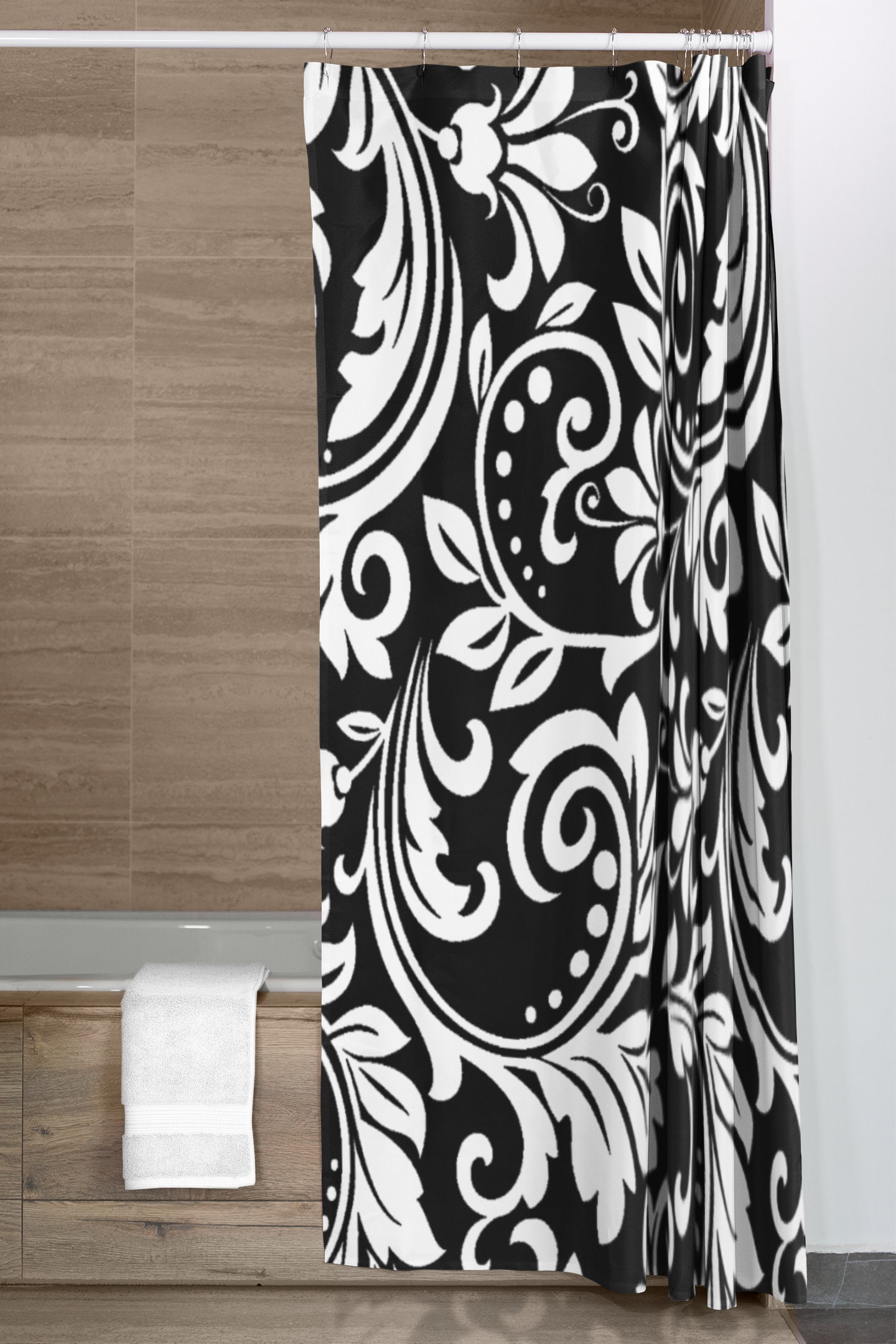 Black White Vintage Damask Shower Curtain | New Home Housewarming Gift | Bathroom Decor + Quotes - Image 4
