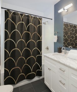Black and Gold Royal Mermaid Scales Shower Curtain, Ocean Theme Shower Curtain, Beach House Bathroom