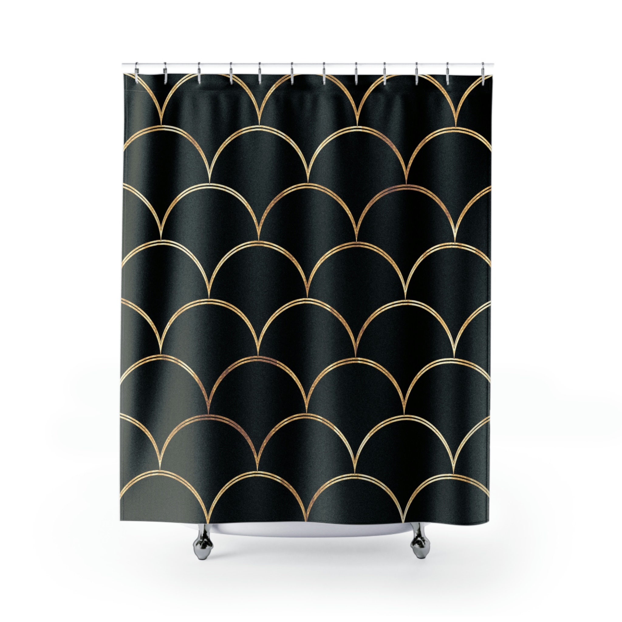 Black and Gold Royal Mermaid Scales Shower Curtain, Ocean Theme Shower Curtain, Beach House Bathroom - Image 2