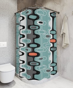 Black and Orange Geometric Retro Design Mid Century Modern Bathroom Shower Curtain with Minimalist Flair