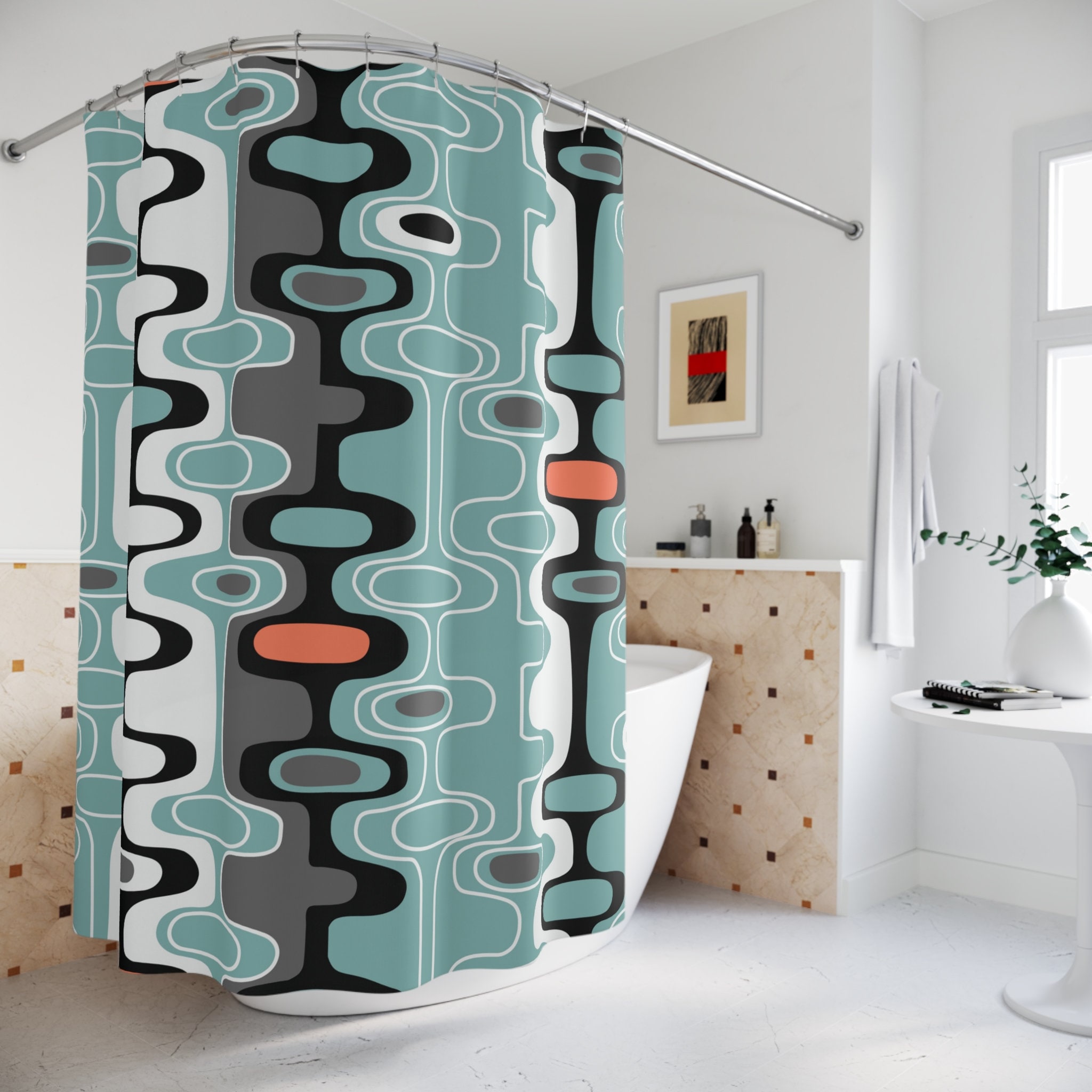 Black and Orange Geometric Retro Design Mid Century Modern Bathroom Shower Curtain with Minimalist Flair - Image 2