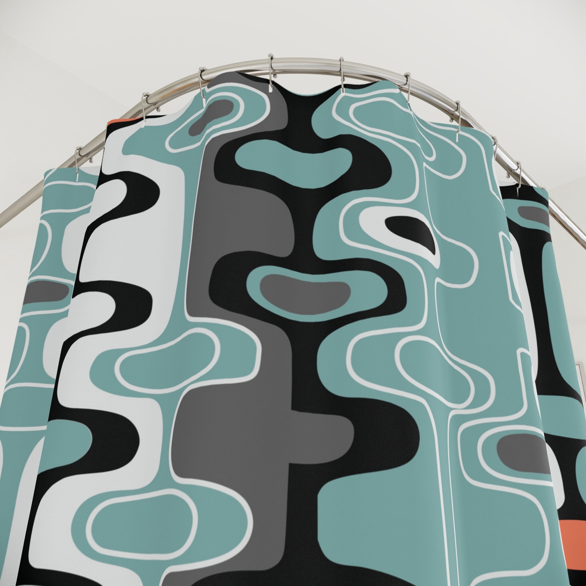Black and Orange Geometric Retro Design Mid Century Modern Bathroom Shower Curtain with Minimalist Flair - Image 3