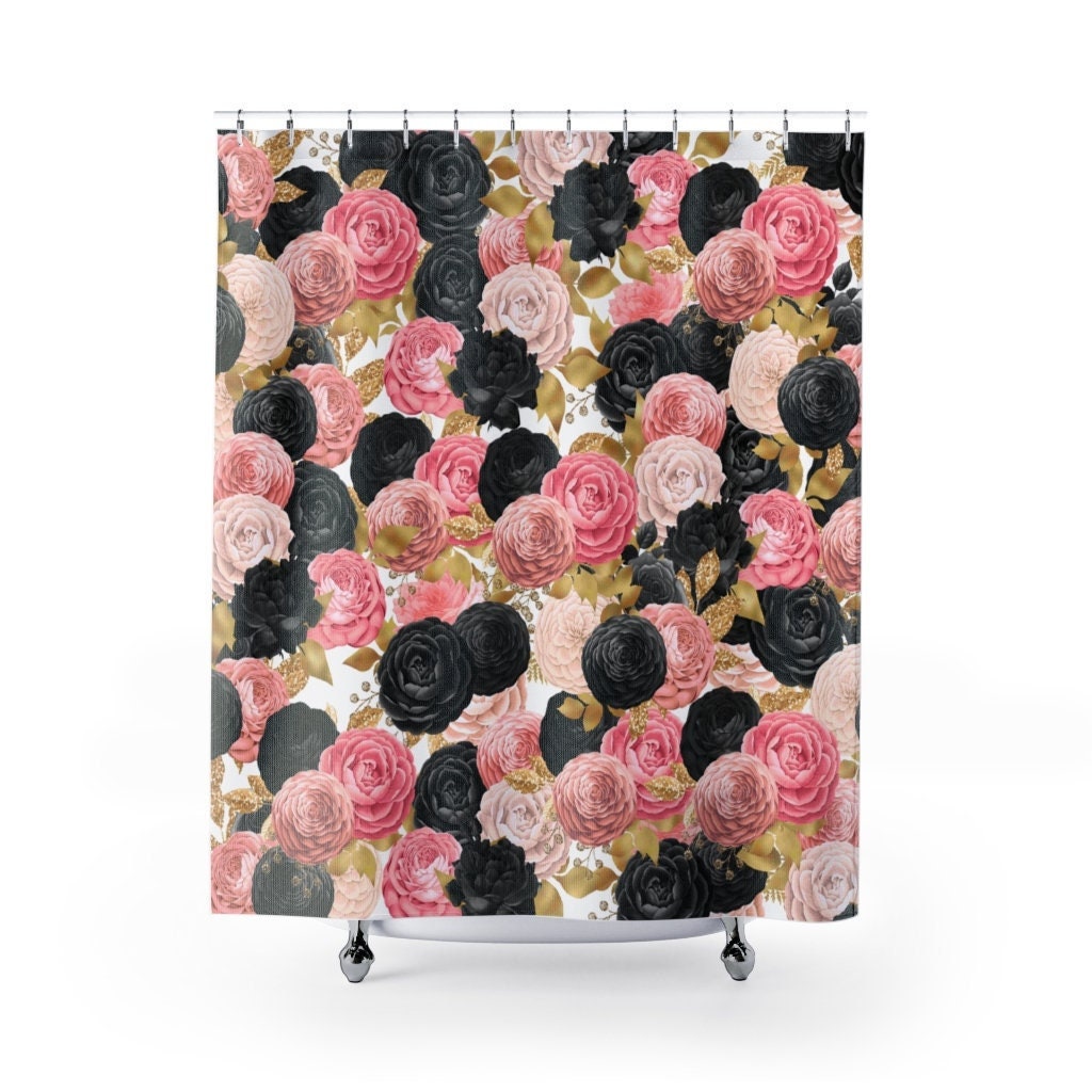 Black and Peach Roses Shower Curtain | Roses Floral Pattern | Bathroom Decor | New Home Gift