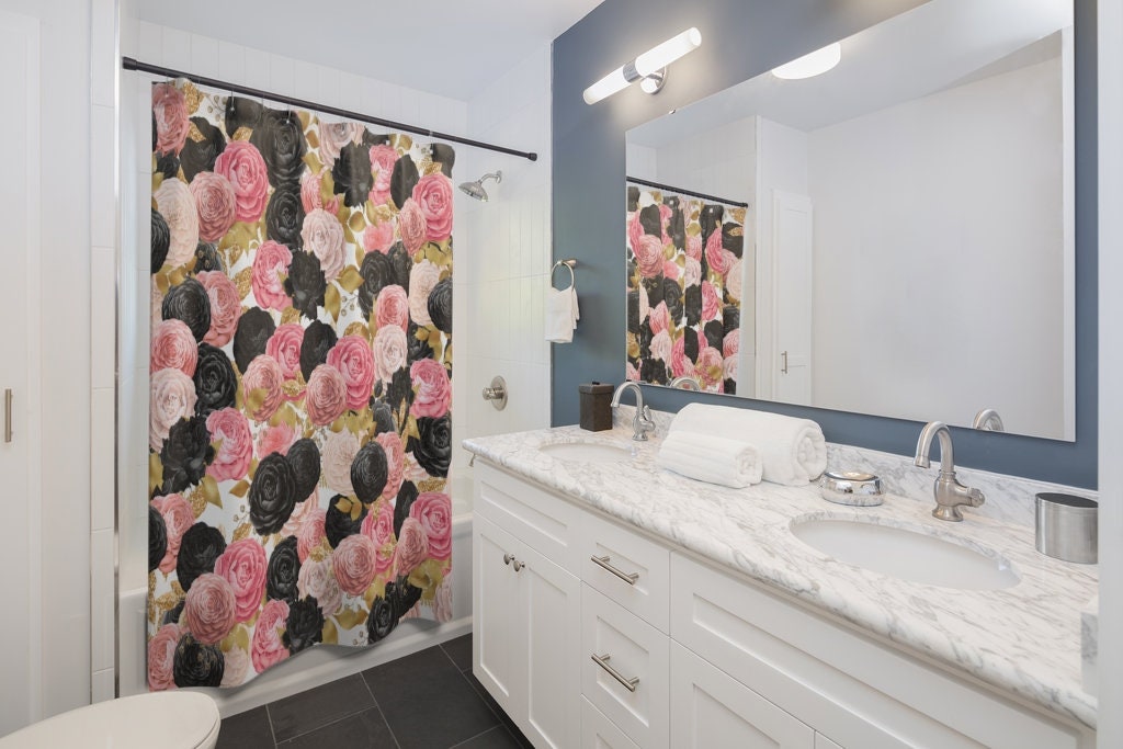 Black and Peach Roses Shower Curtain | Roses Floral Pattern | Bathroom Decor | New Home Gift - Image 2