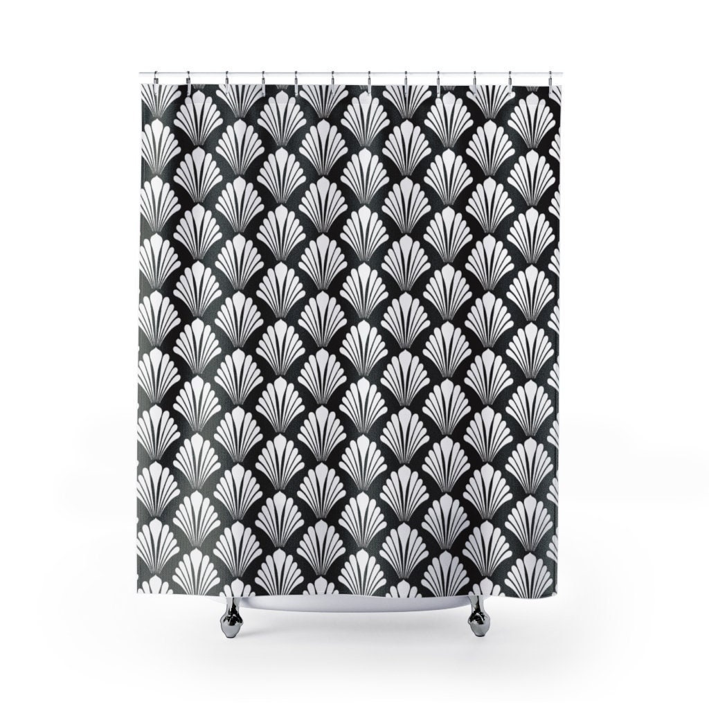 Black and White Art Deco Shower Curtain, Minimalist Bathroom Decor, Geometric Design