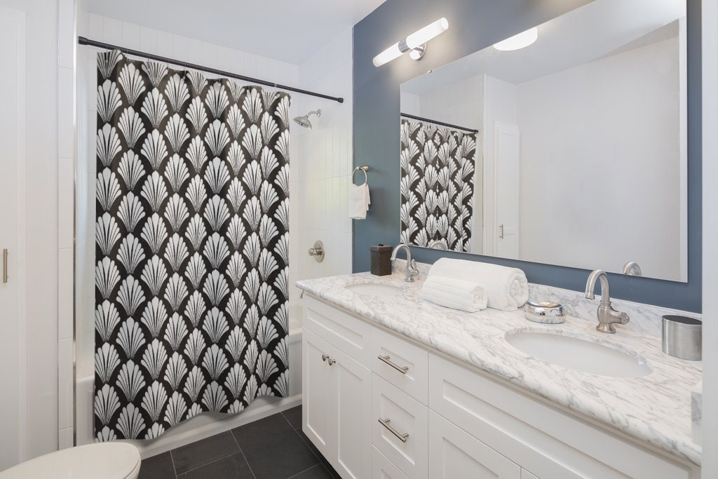 Black and White Art Deco Shower Curtain, Minimalist Bathroom Decor, Geometric Design - Image 2
