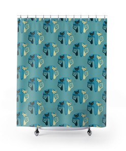 Black and White Boomerang Atomic Cat Retro Shower Curtain with Vintage Flair