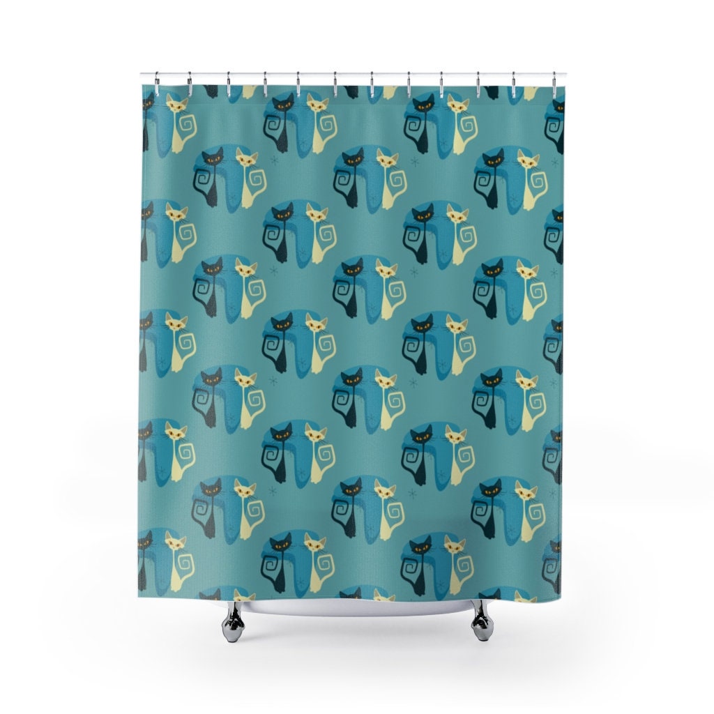 Black and White Boomerang Atomic Cat Retro Shower Curtain with Vintage Flair