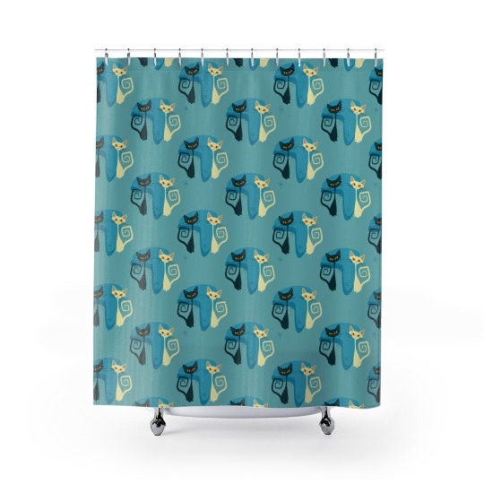 Black and White Boomerang Atomic Cat Retro Shower Curtain with Vintage Flair - Image 2