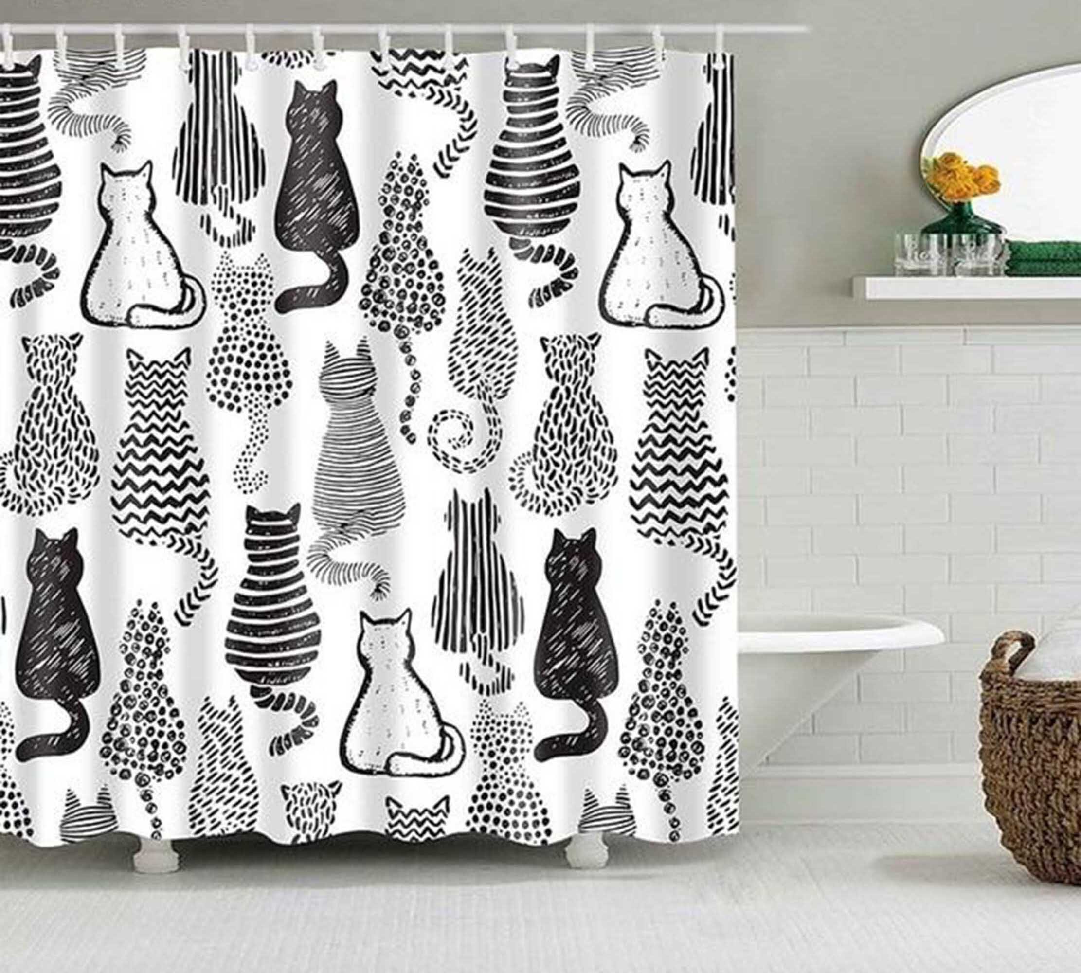 Black and White Cat Shower Curtain | Animal Fabric | Home Bathroom Decor | Cat Theme | Gift for Cat Lovers