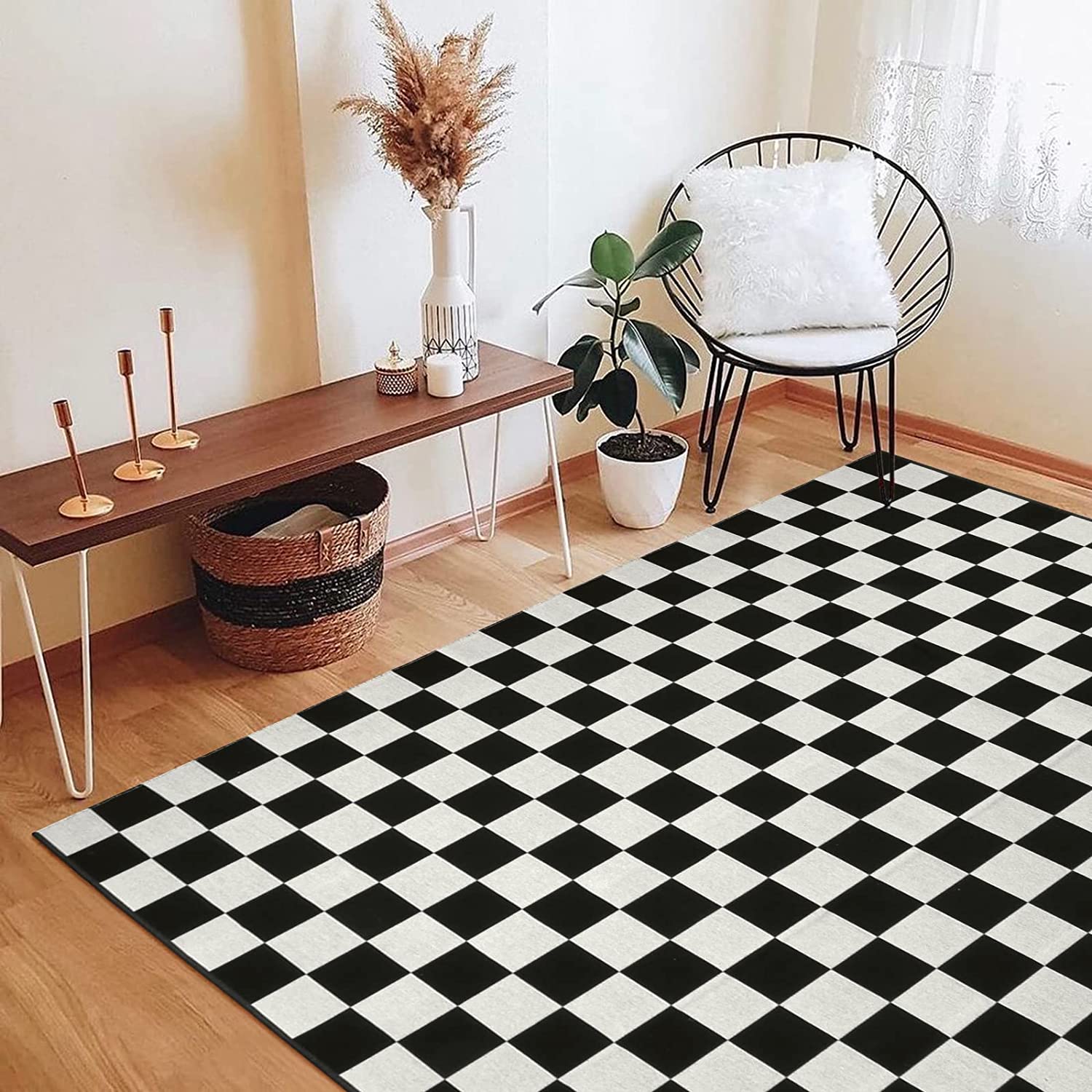 Black and White Checkered Rug - Modern Living Room and Bedroom Decor