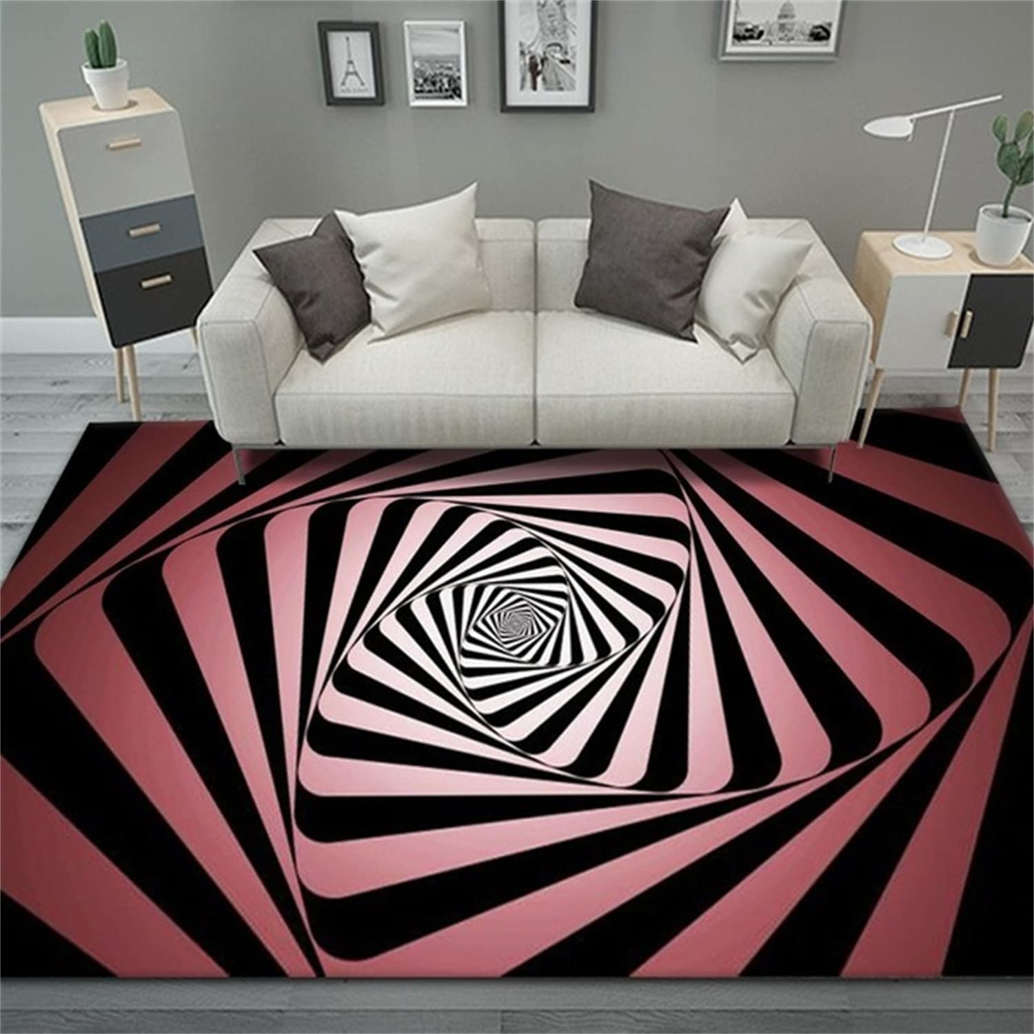 Black and White Grid 3D Swirl Illusion Area Rug - Non-Slip and Washable Carpet for Modern Home